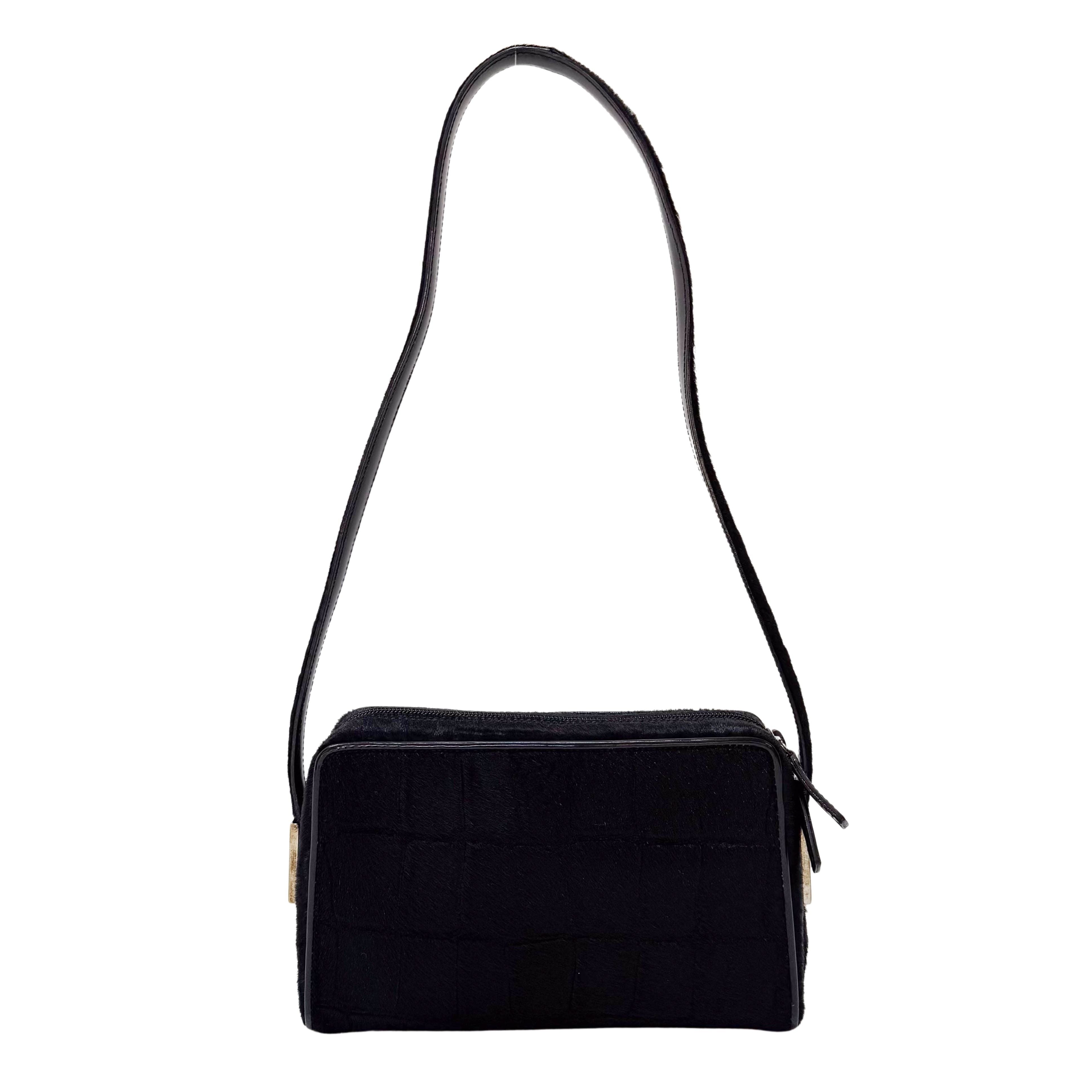 Black Croc Pattern Pony Hair Shoulder Bag