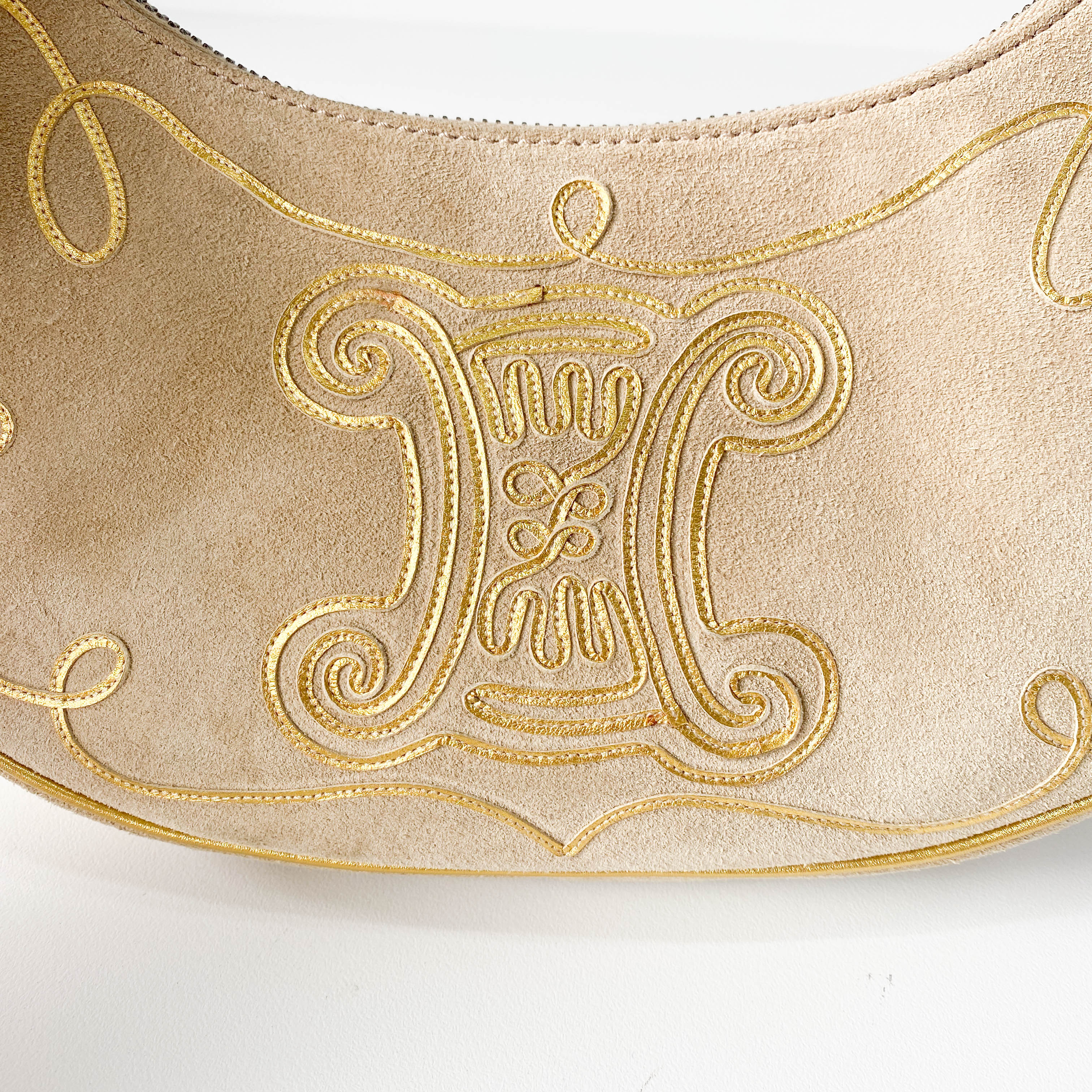 Beige Suede Embroidered Shoulder Bag