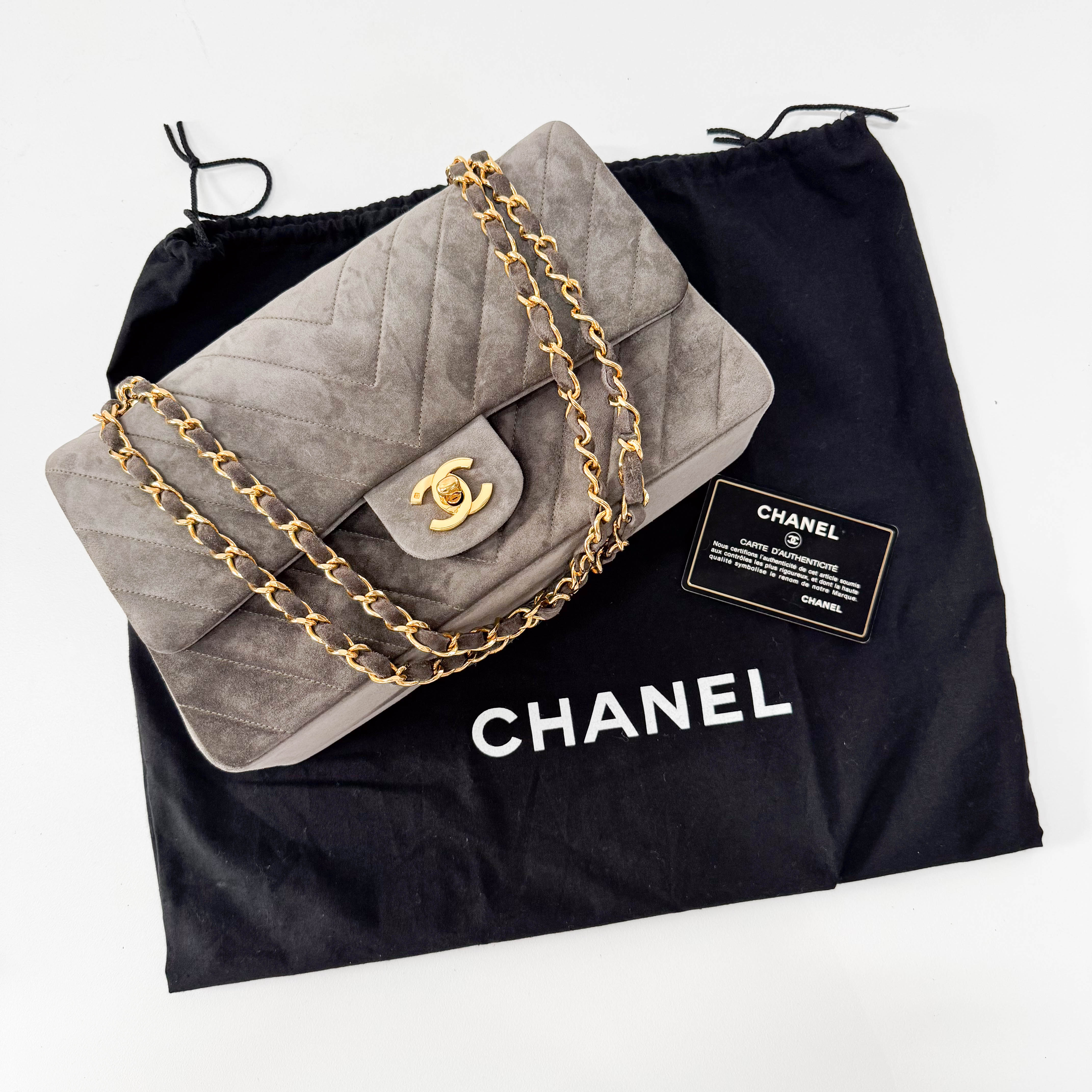 Timeless Classic Double Flap Chevron Grey Suede Chain Shoulder Bag