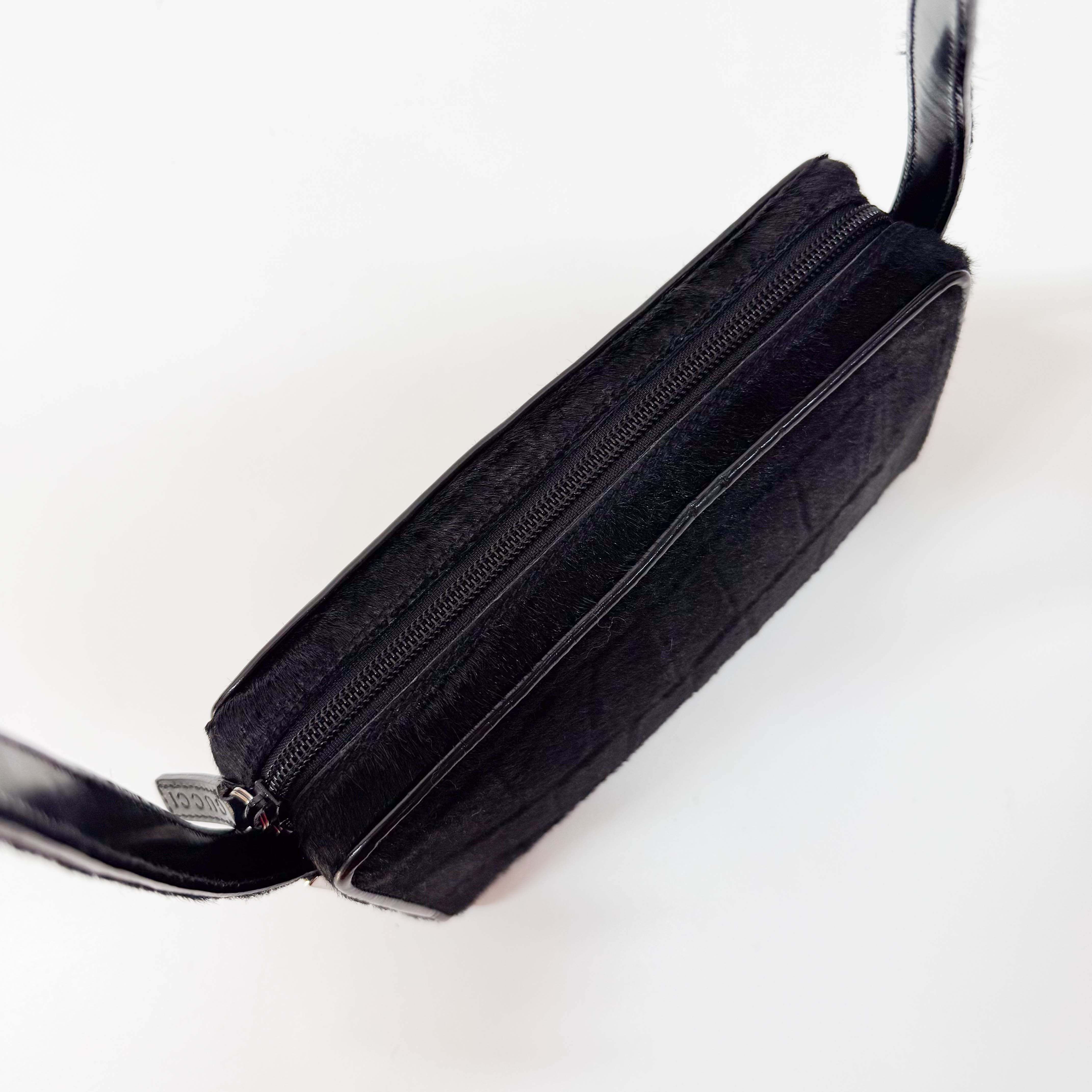 Black Croc Pattern Pony Hair Shoulder Bag