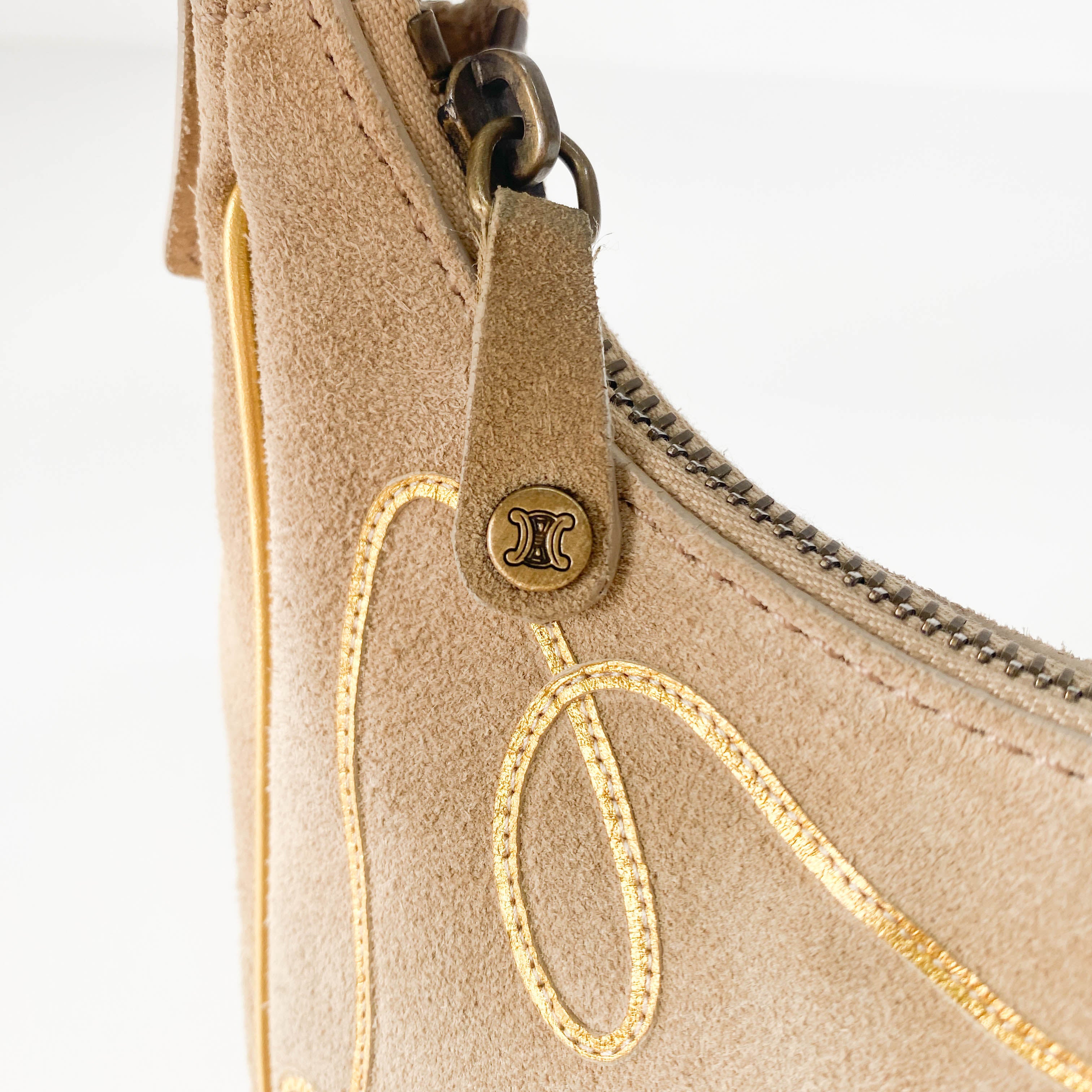 Beige Suede Embroidered Shoulder Bag