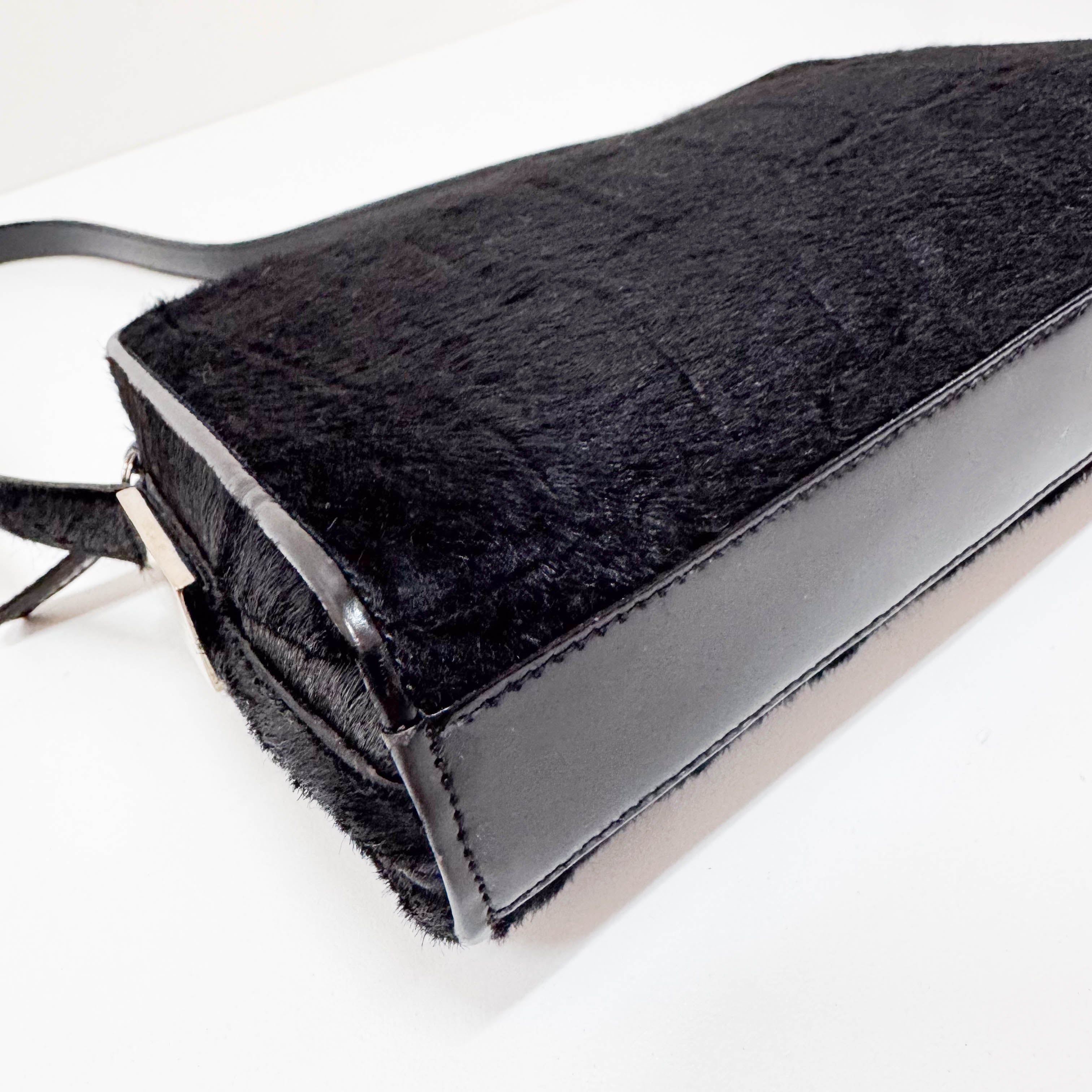 Black Croc Pattern Pony Hair Shoulder Bag