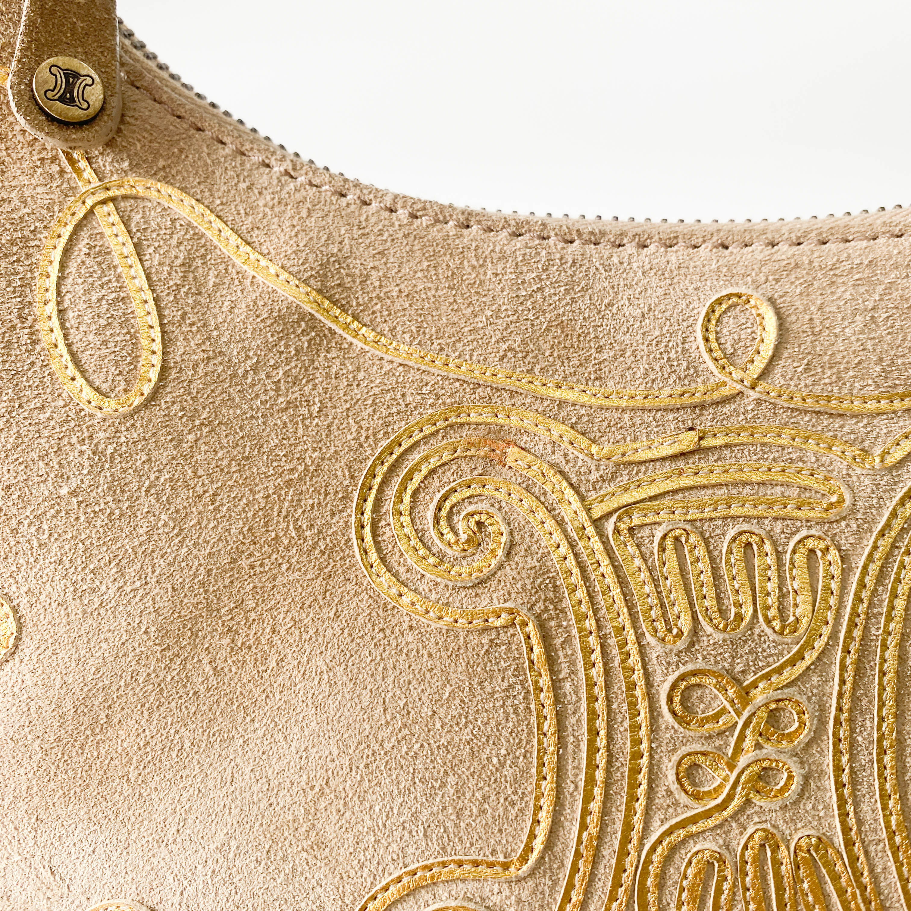 Beige Suede Embroidered Shoulder Bag