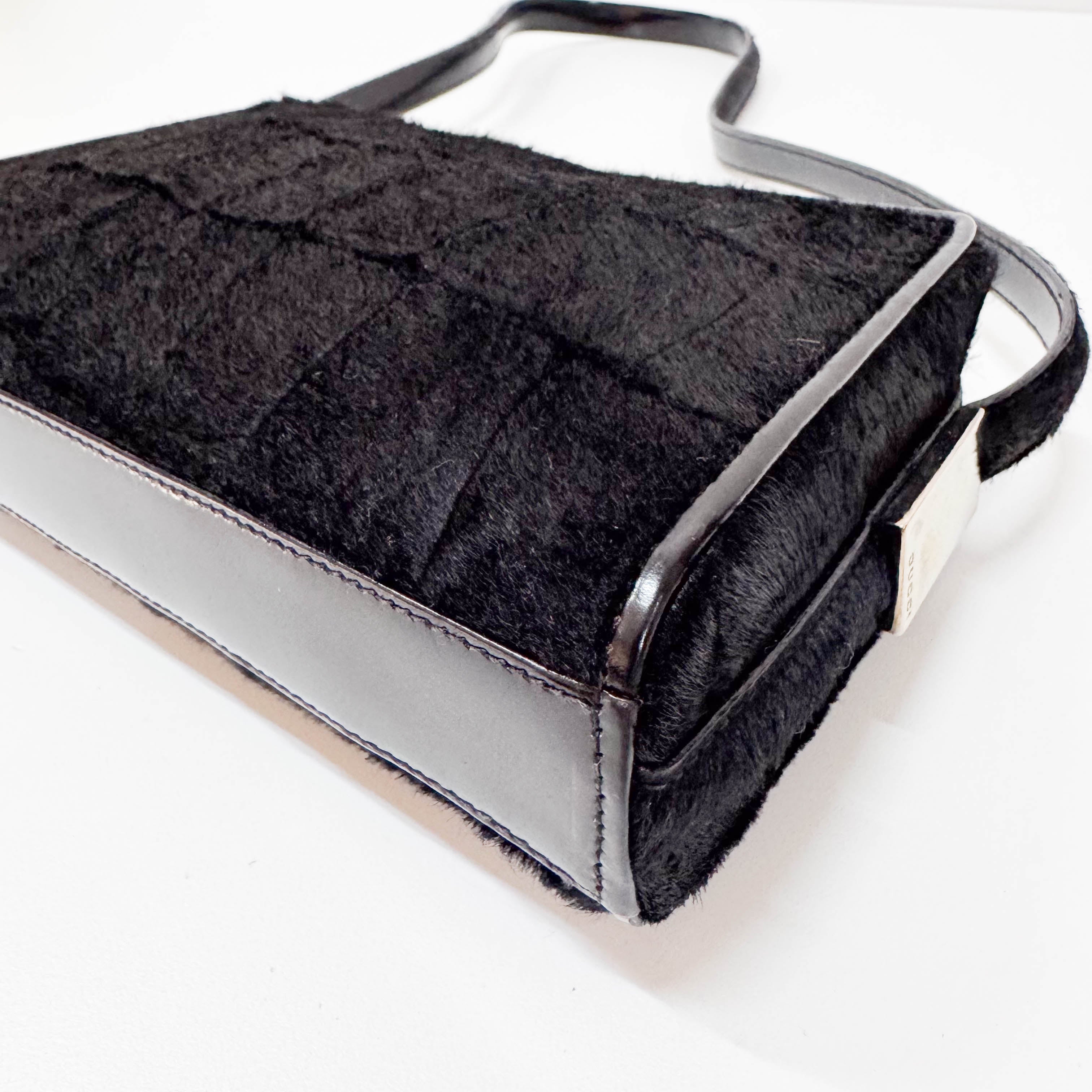 Black Croc Pattern Pony Hair Shoulder Bag