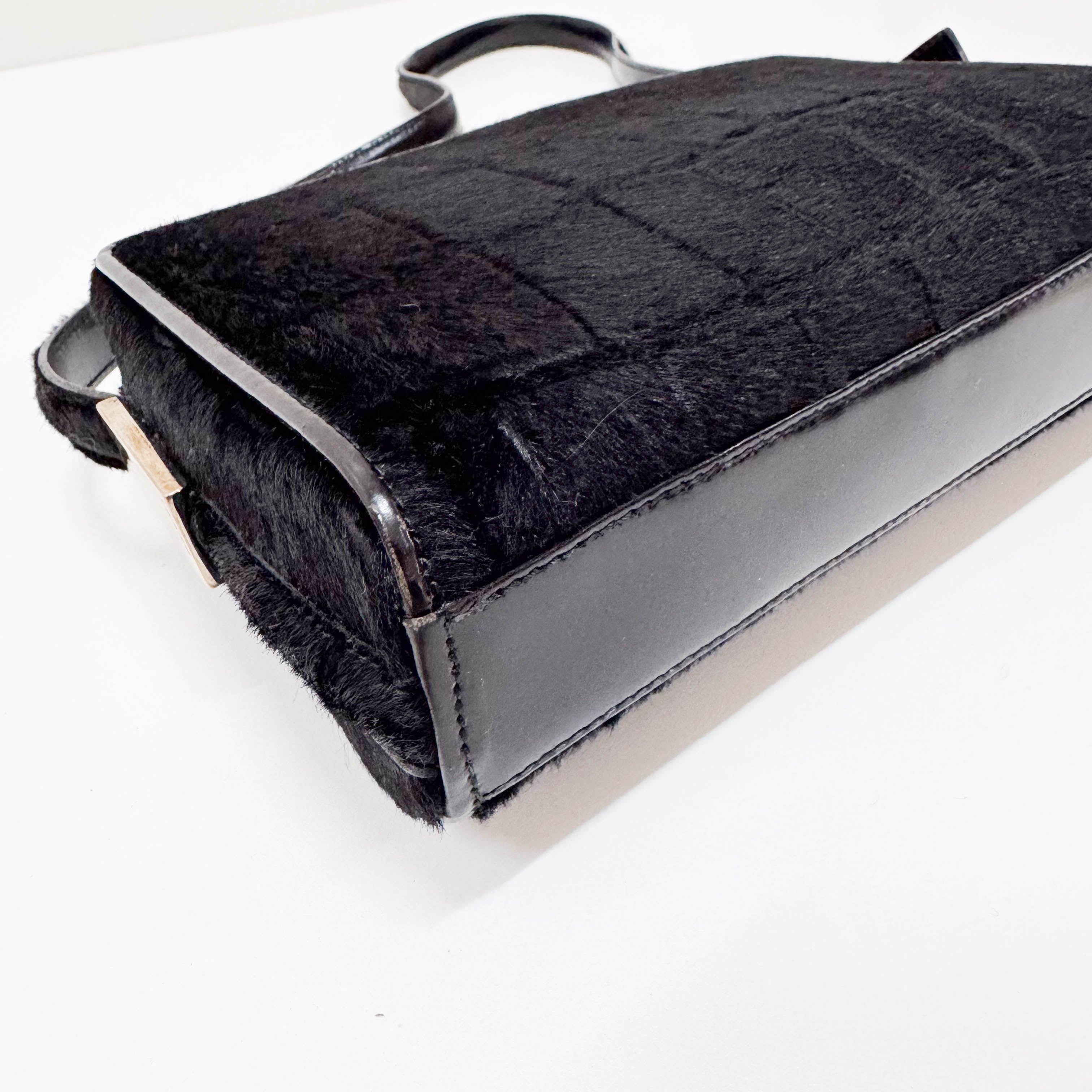 Black Croc Pattern Pony Hair Shoulder Bag