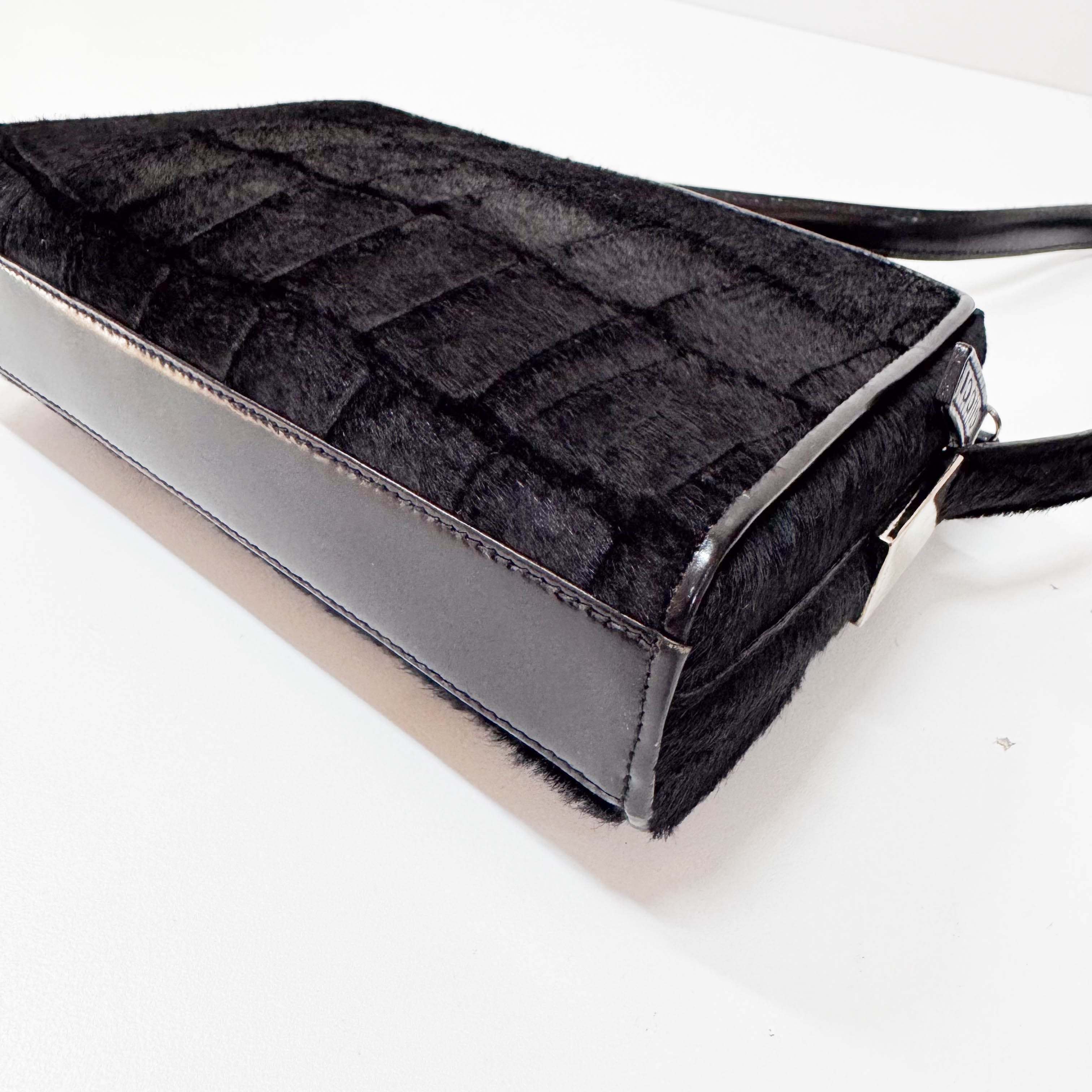 Black Croc Pattern Pony Hair Shoulder Bag