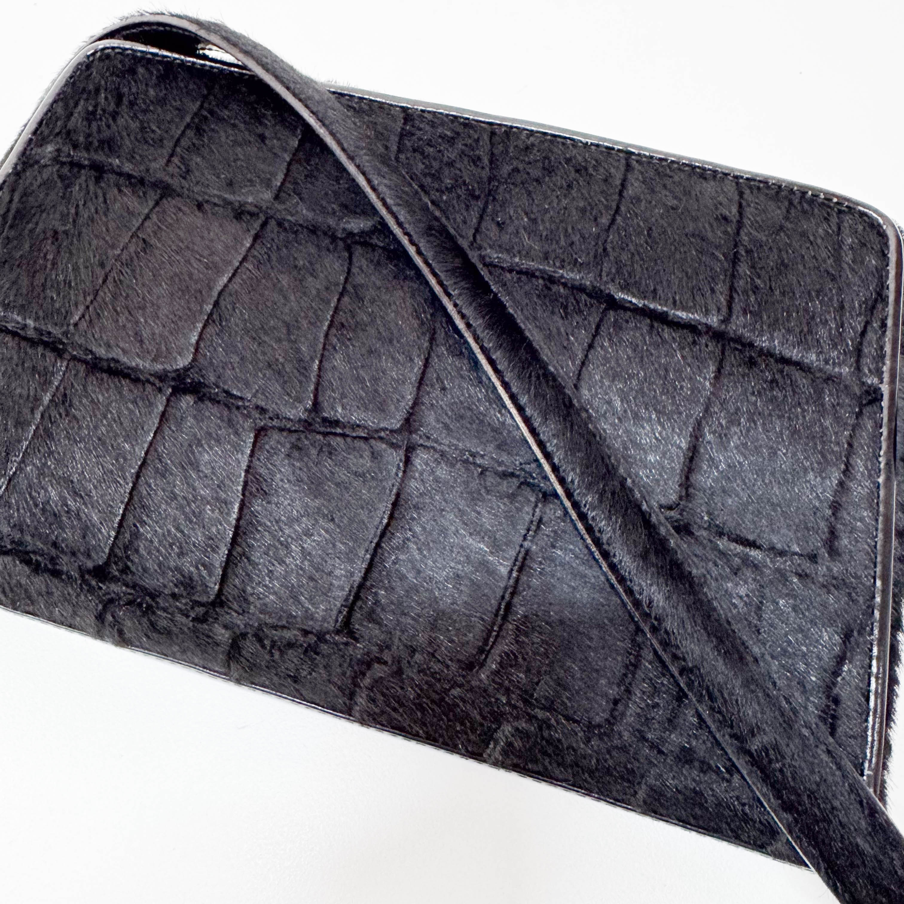 Black Croc Pattern Pony Hair Shoulder Bag