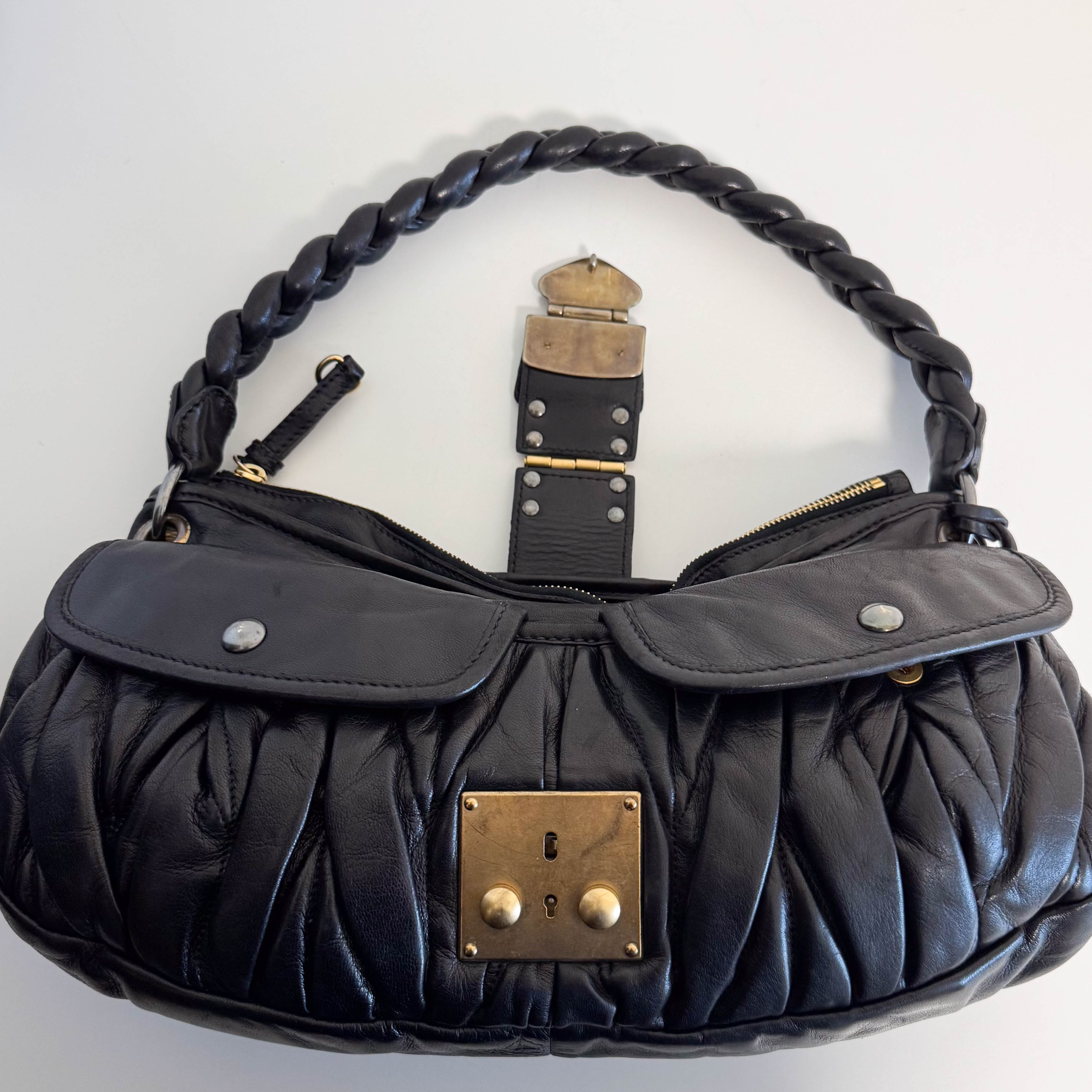 Matelasse Black Leather Hobo Shoulder Bag