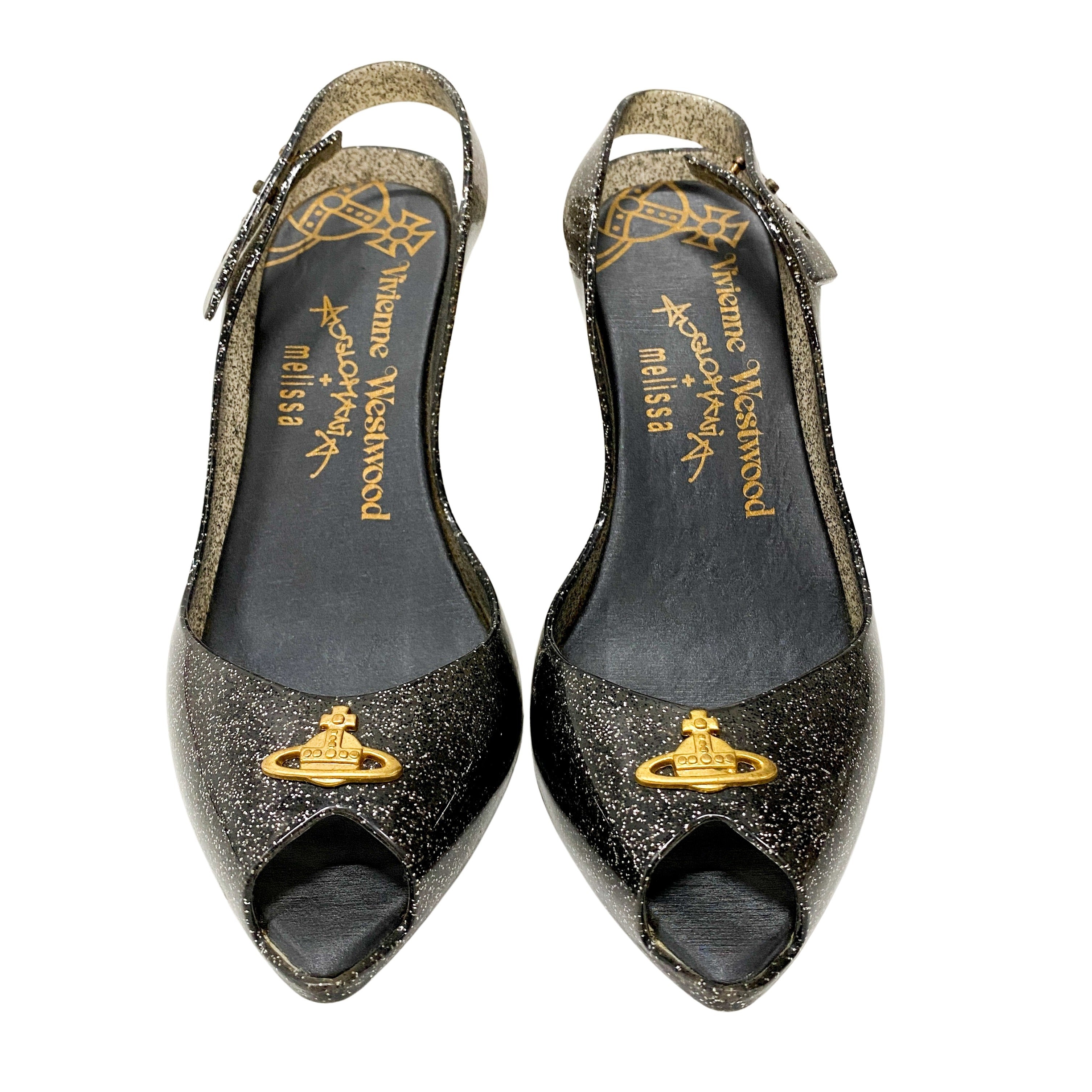 Melissa Black Glitter Heels SIZE USA7