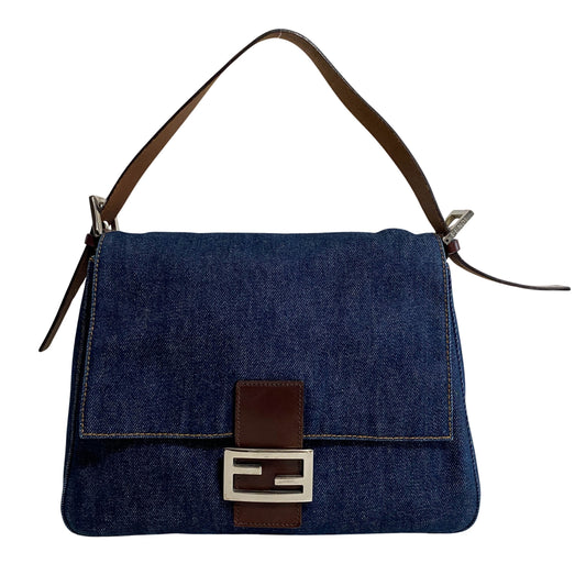 Fendi Mamma Baguette Shoulder Bag Blue Denim