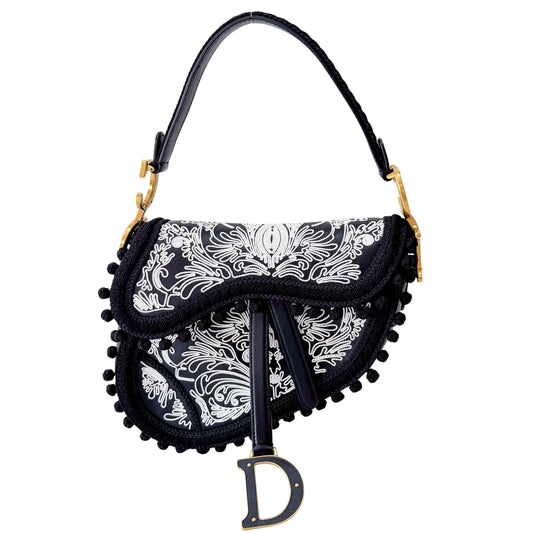 Rare Black Leather Embroidered Shoulder Bag
