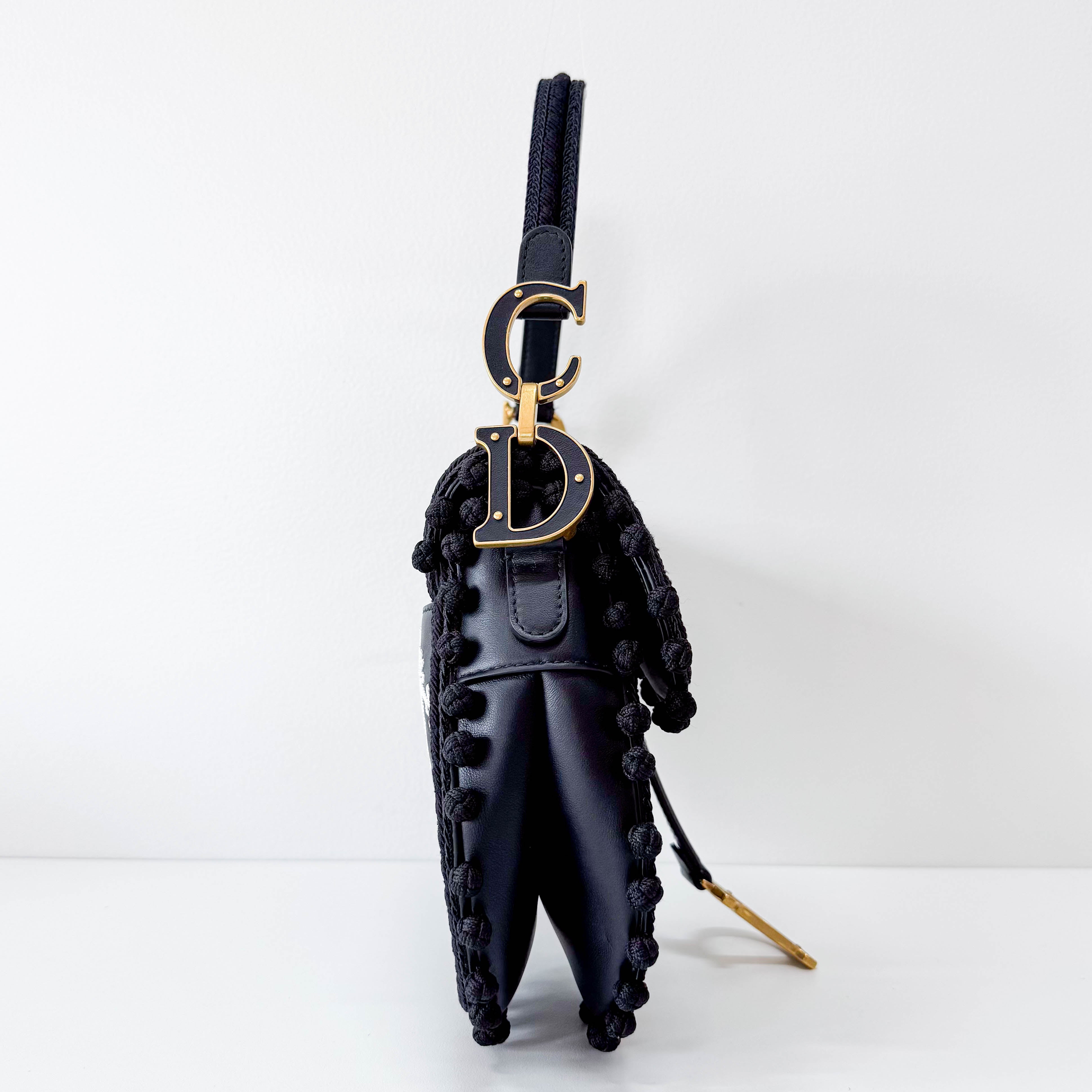 Rare Black Leather Embroidered Shoulder Bag