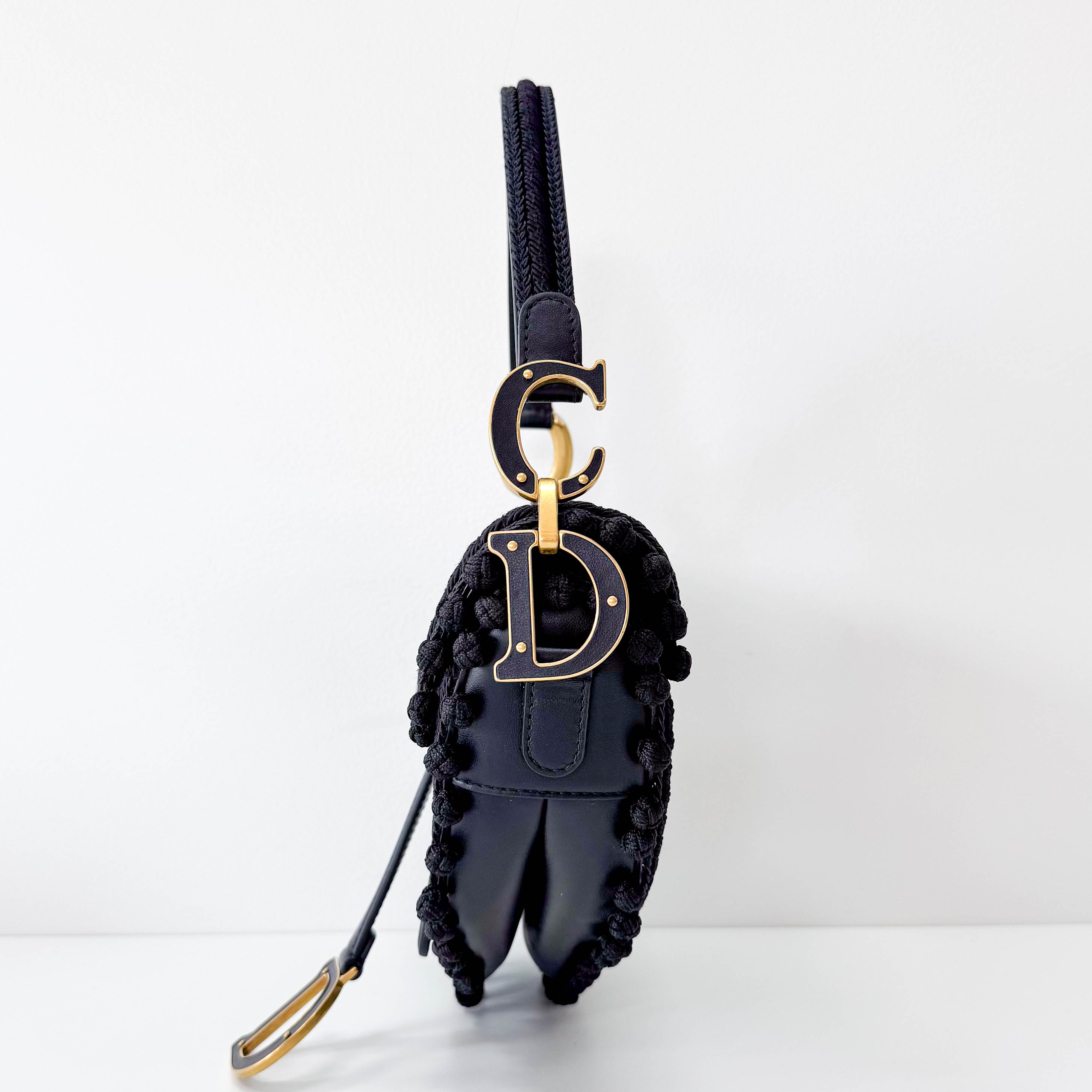 Rare Black Leather Embroidered Shoulder Bag