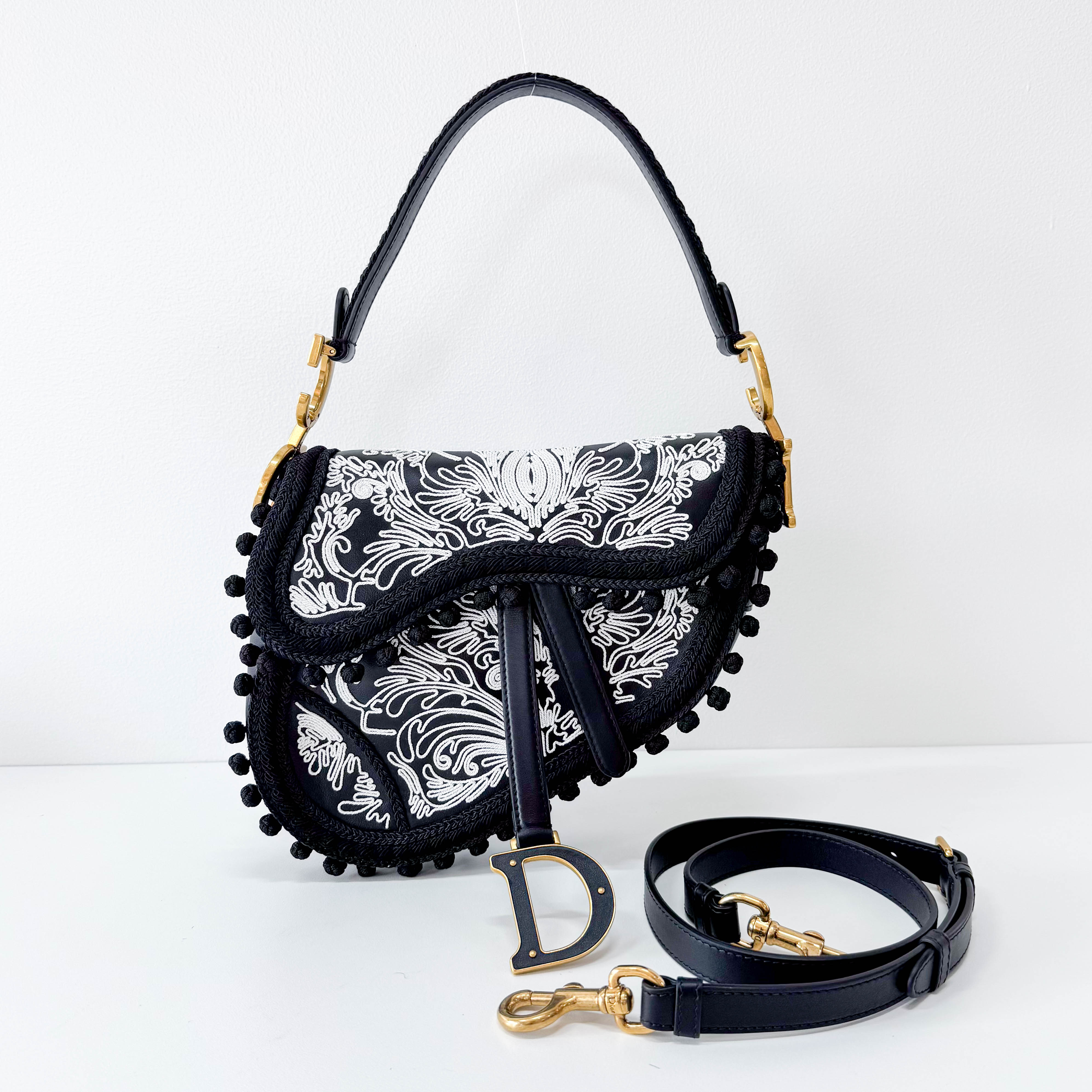 Rare Black Leather Embroidered Shoulder Bag