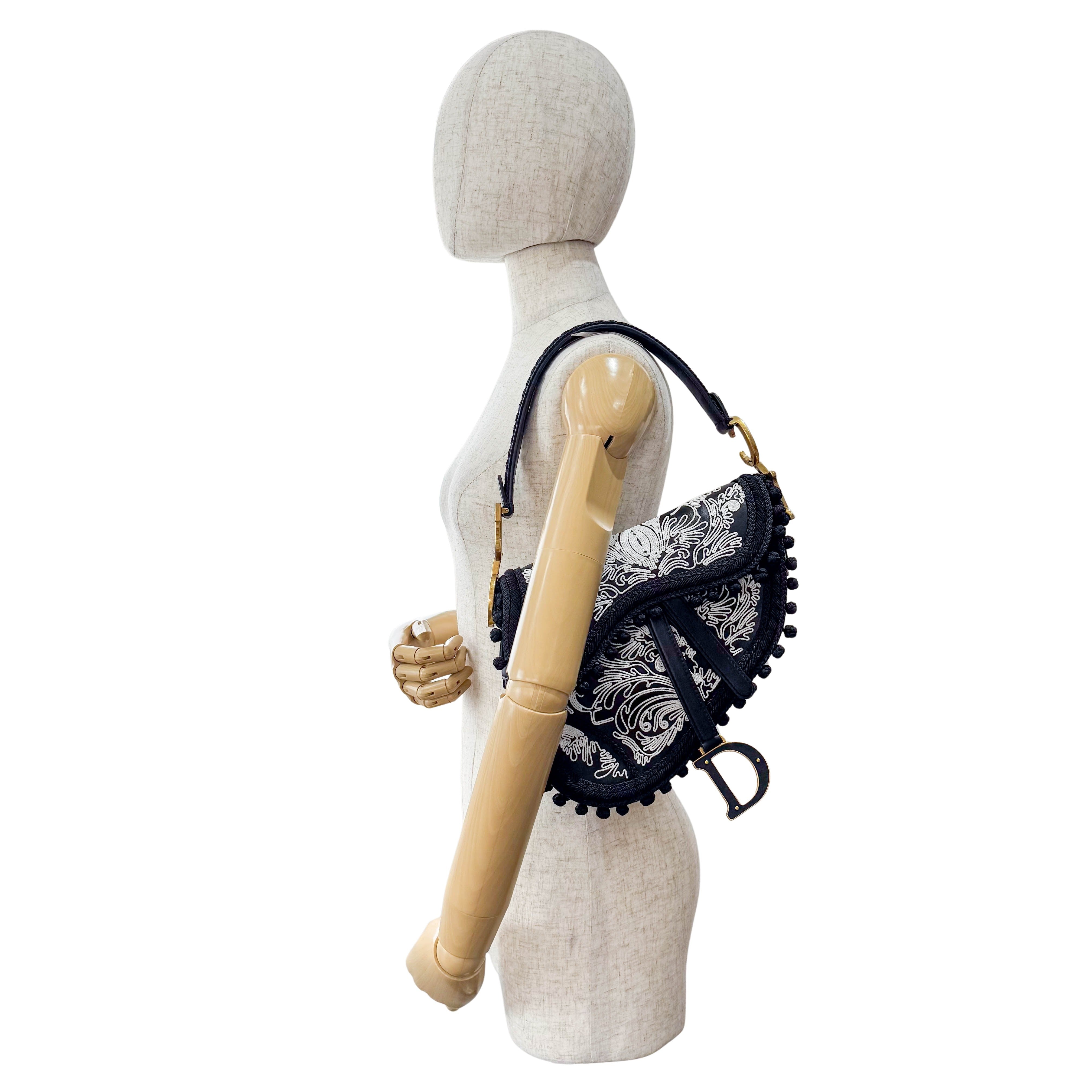 Rare Black Leather Embroidered Shoulder Bag