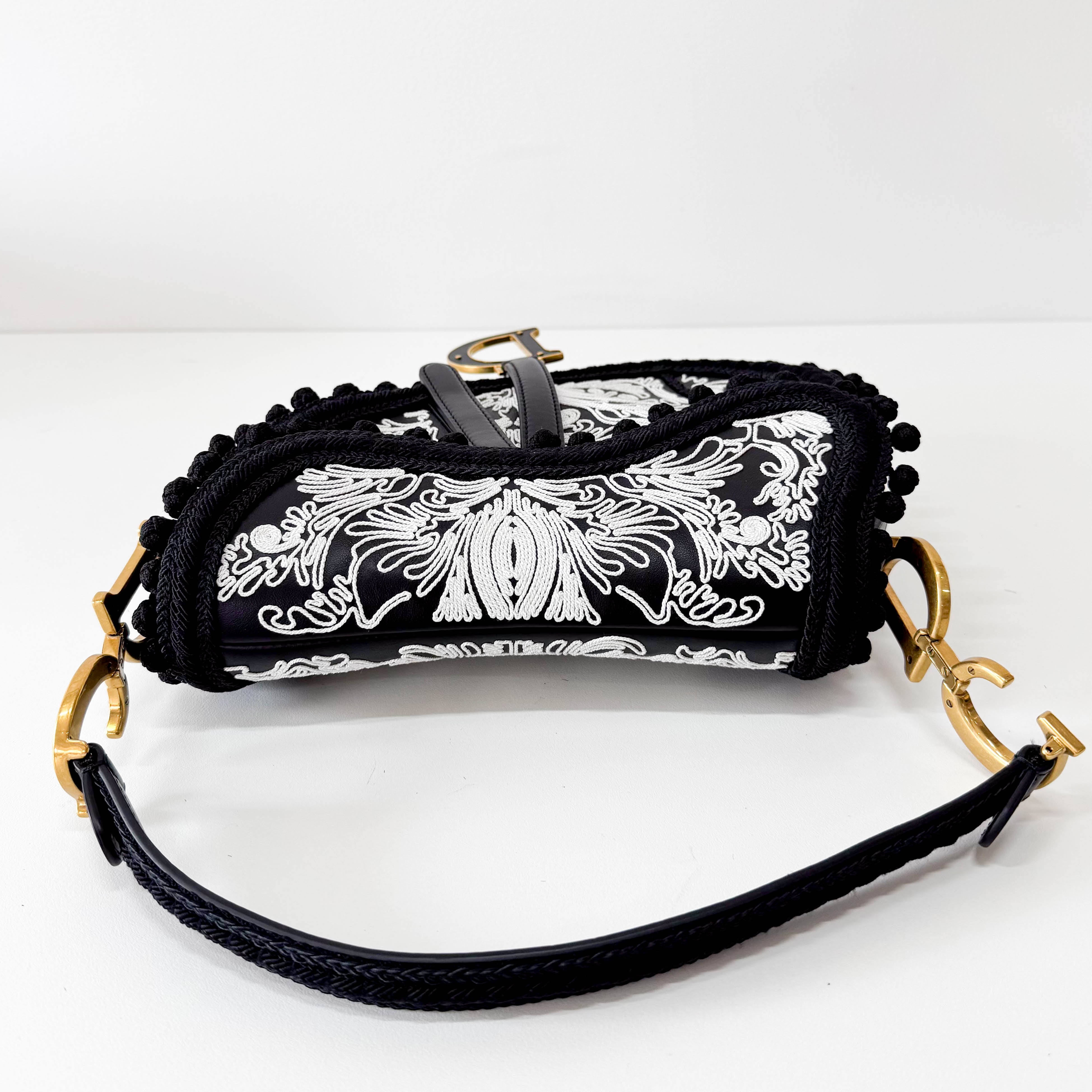 Rare Black Leather Embroidered Shoulder Bag