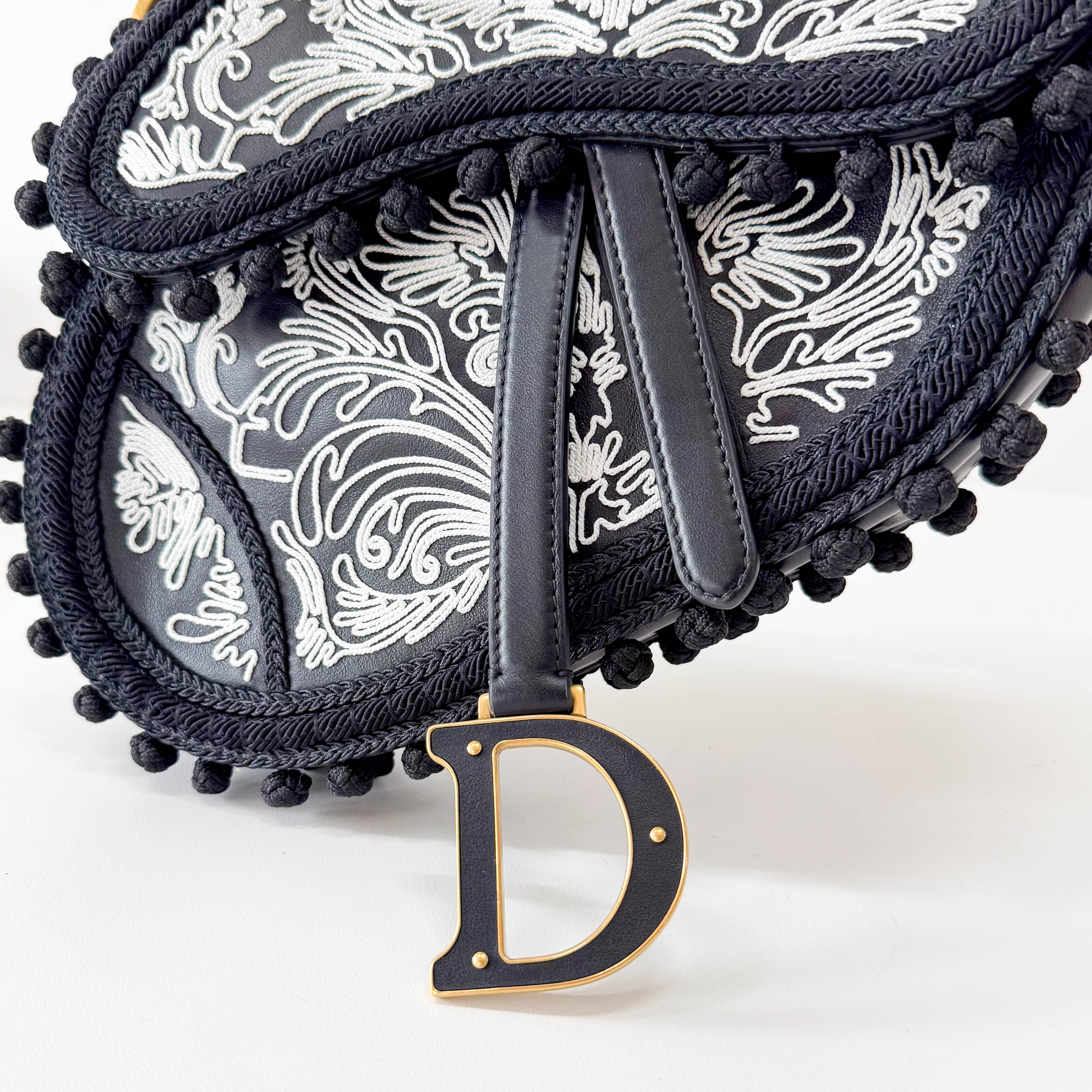 Rare Black Leather Embroidered Shoulder Bag