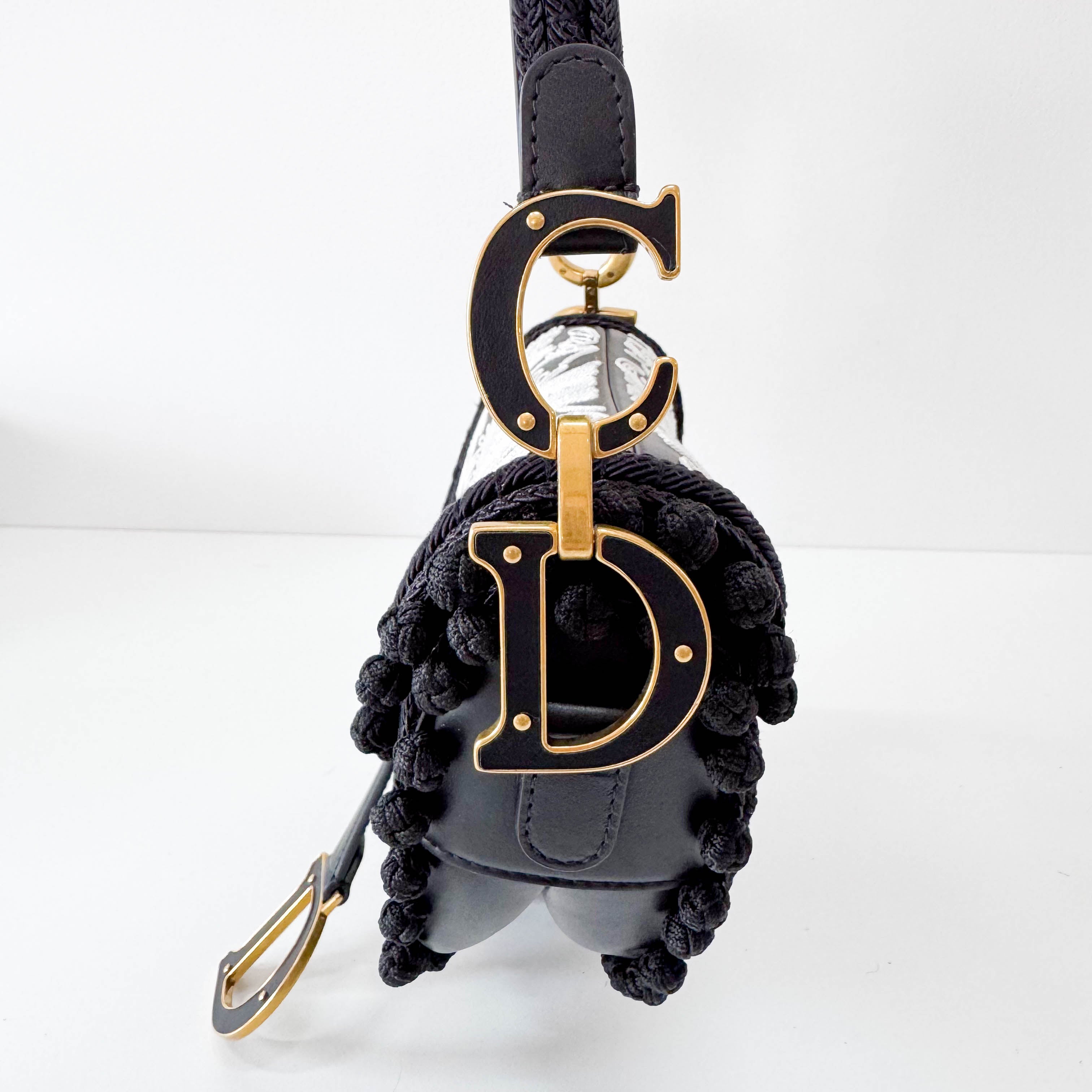 Rare Black Leather Embroidered Shoulder Bag