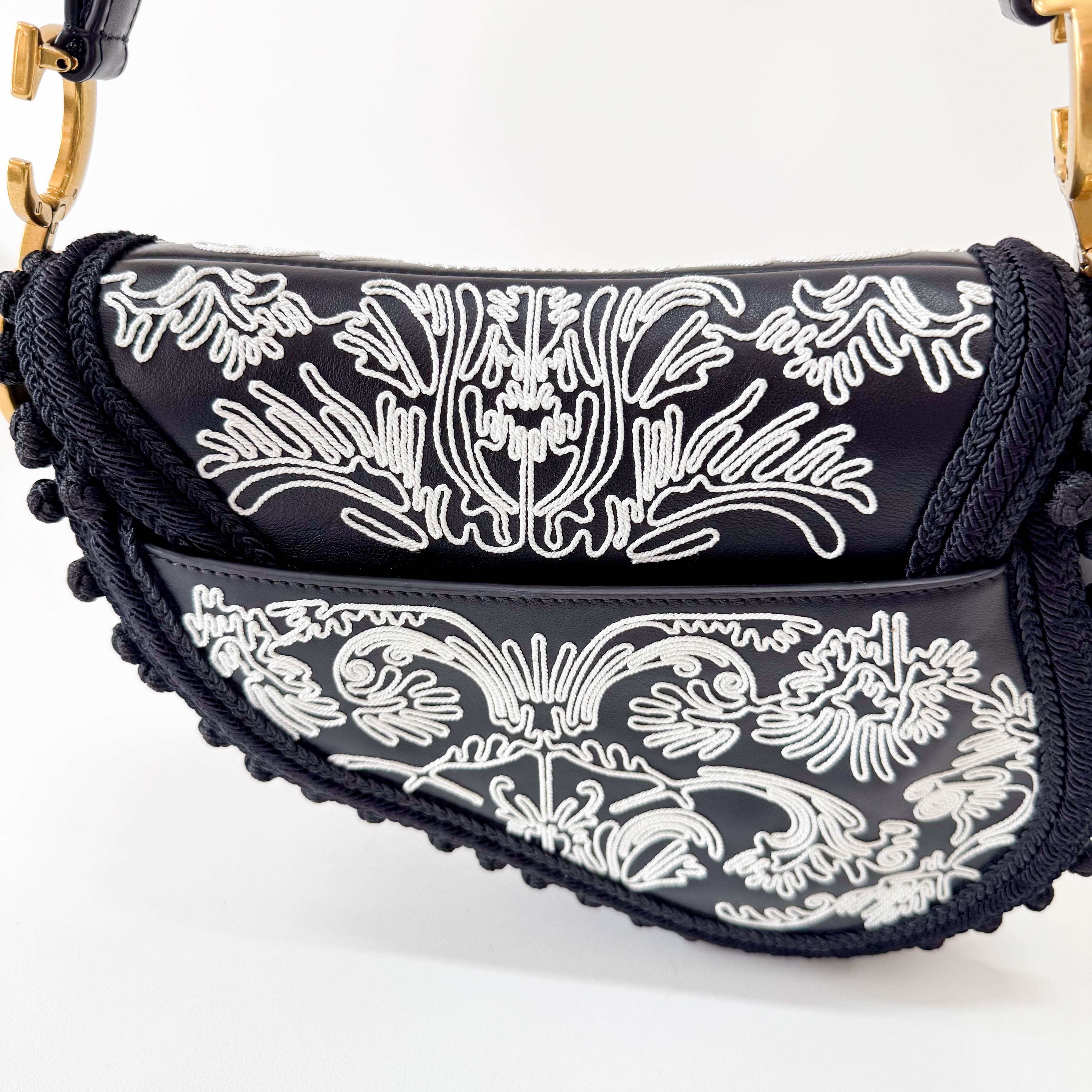 Rare Black Leather Embroidered Shoulder Bag