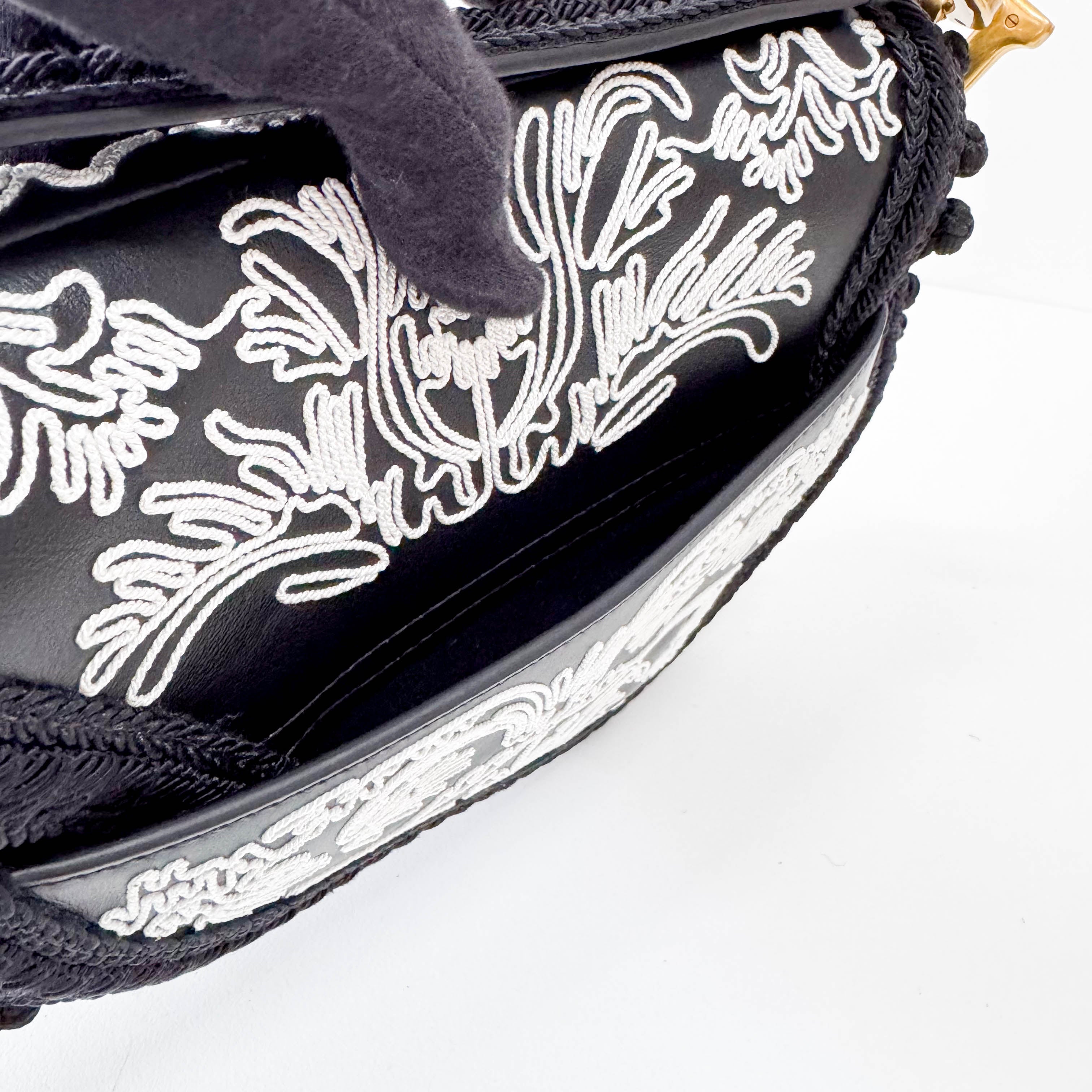 Rare Black Leather Embroidered Shoulder Bag