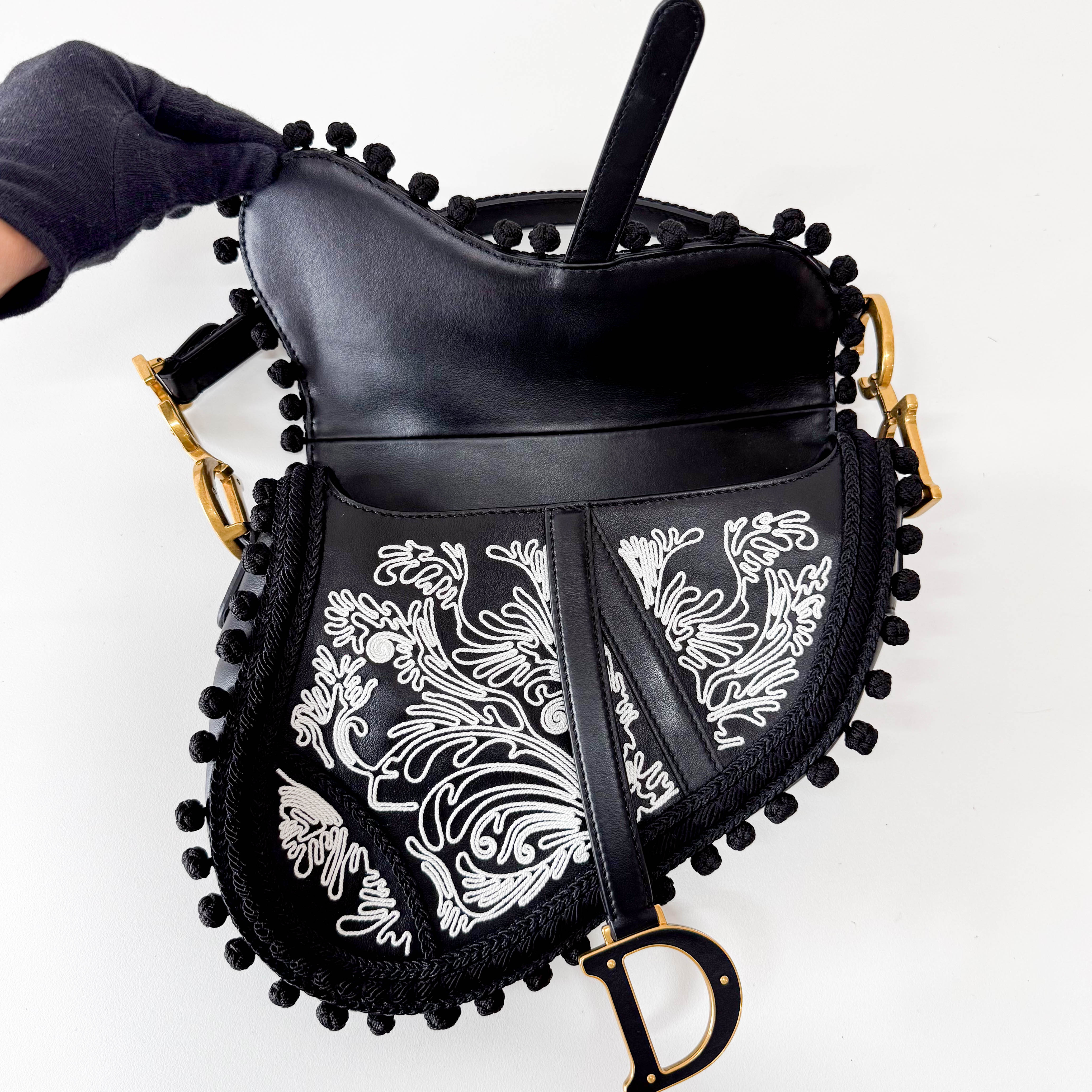 Rare Black Leather Embroidered Shoulder Bag