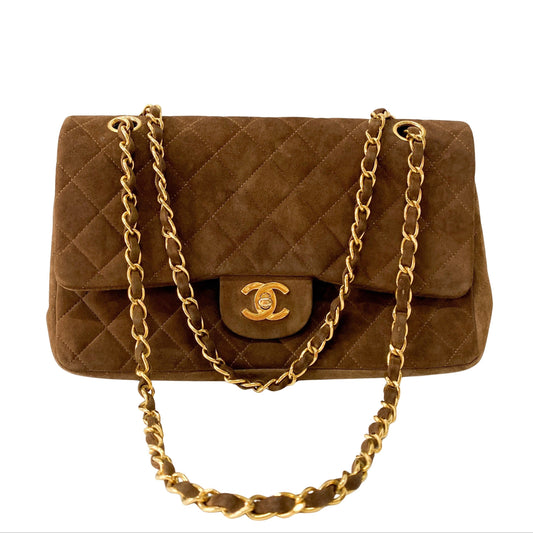 Classic Double Flap Small Brown Suede Shoulder Bag