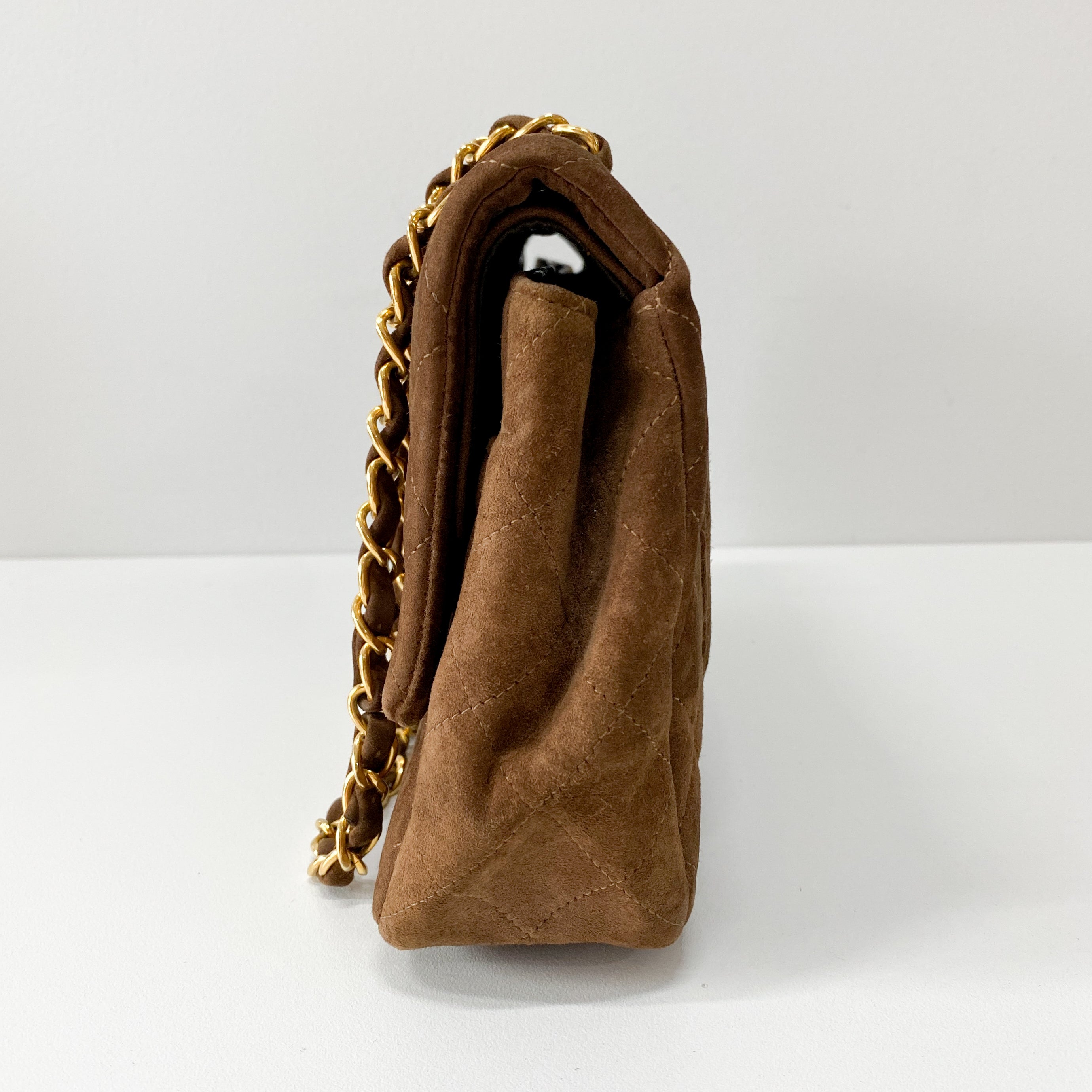 Classic Double Flap Small Brown Suede Shoulder Bag