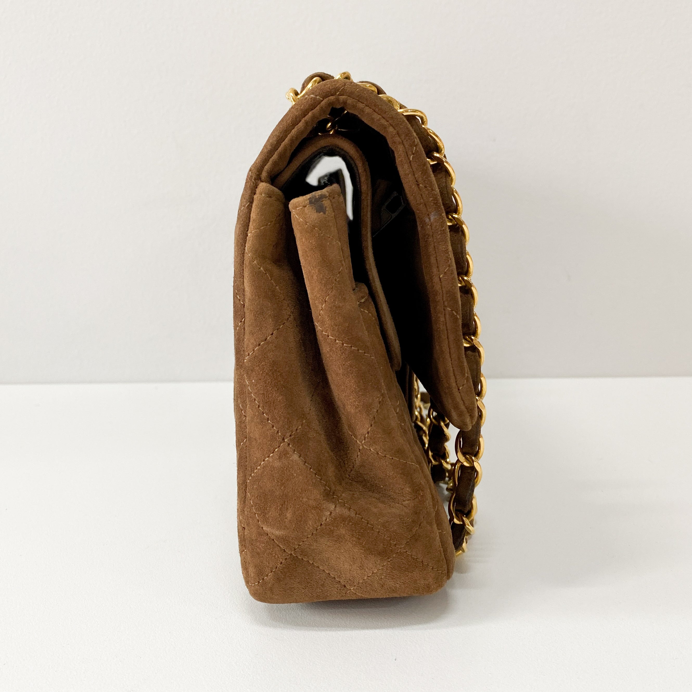 Classic Double Flap Small Brown Suede Shoulder Bag