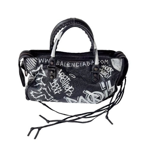 Graffiti The City Black Leather Hand Bag