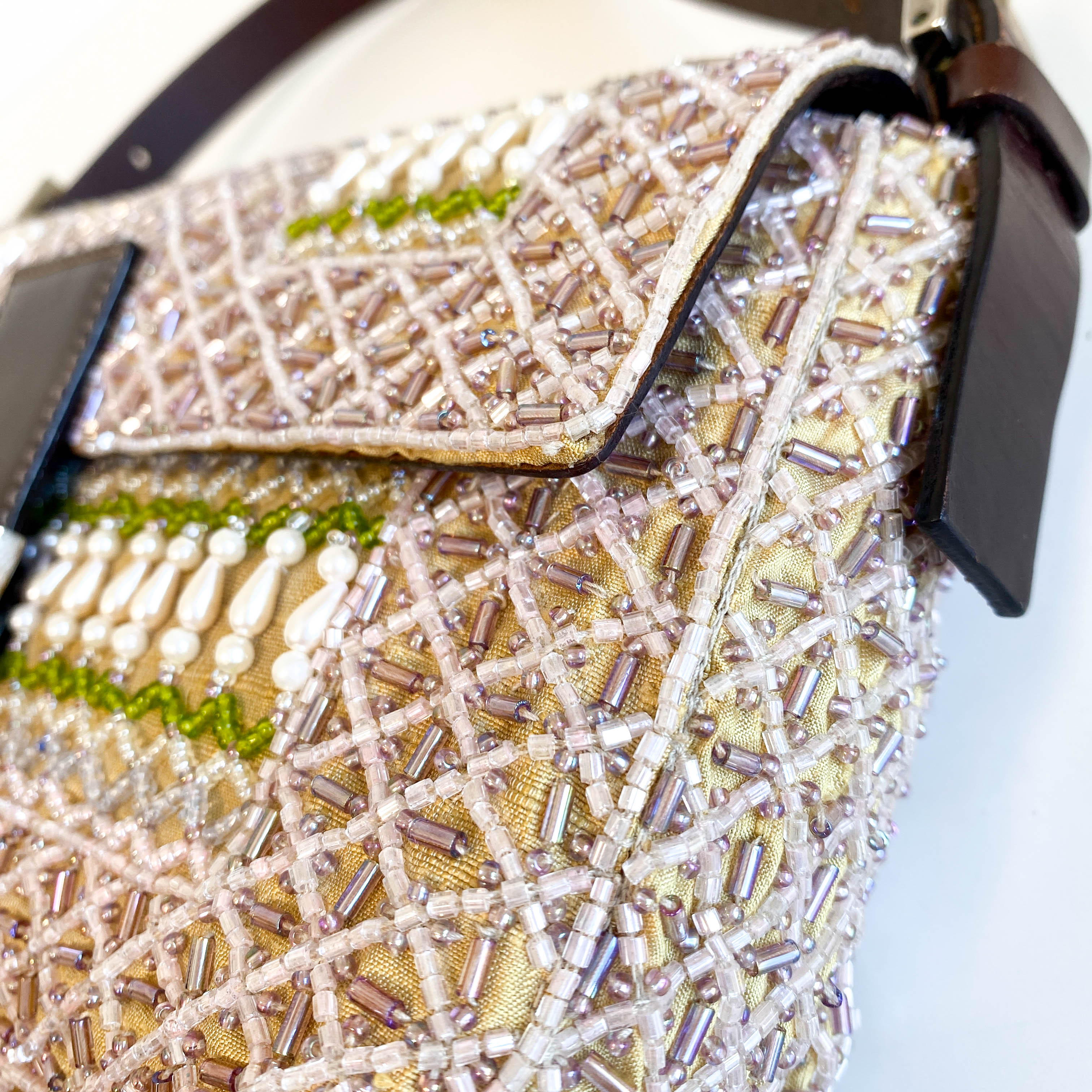 Baguette Pink Beaded Yellow / Green Shoulder Bag