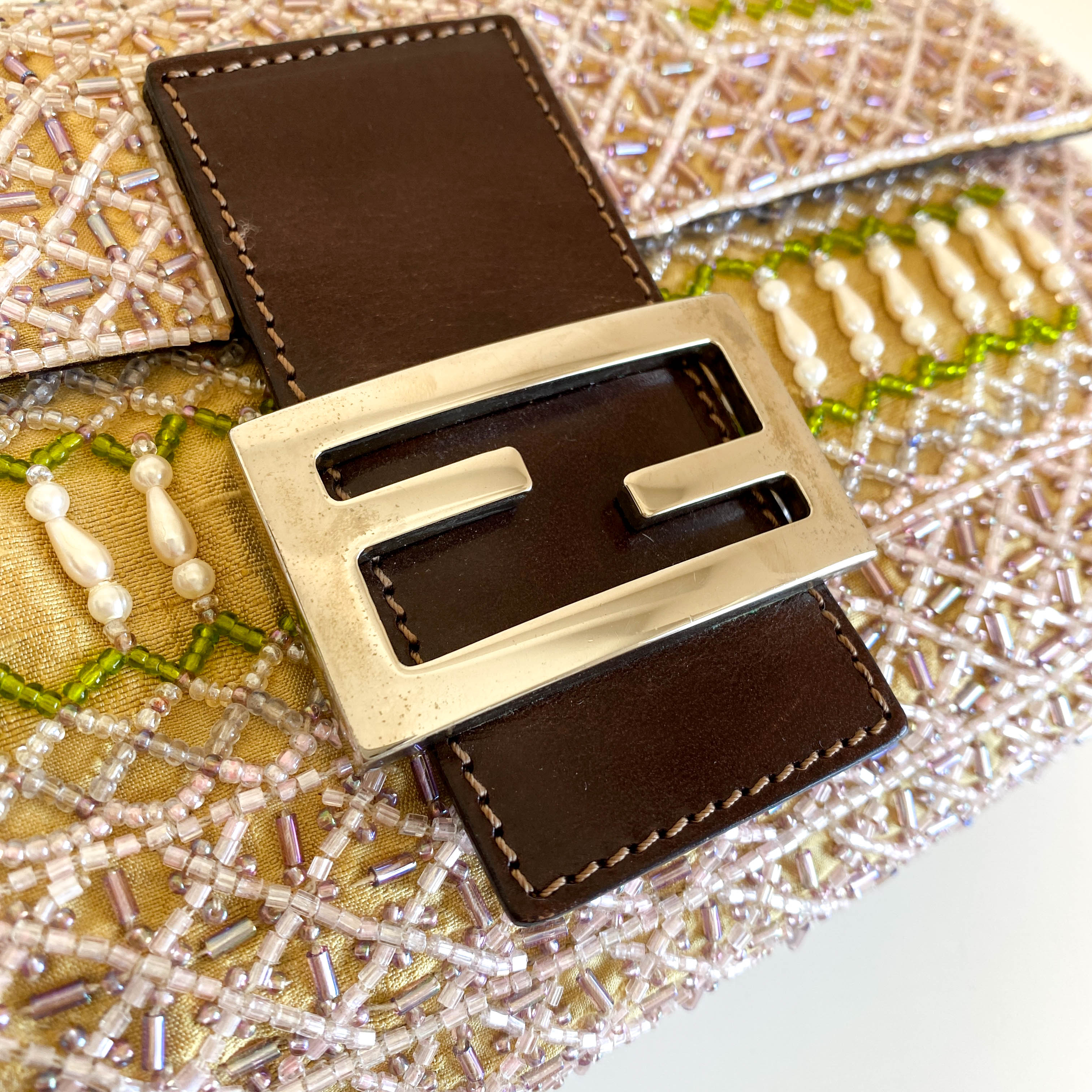 Baguette Pink Beaded Yellow / Green Shoulder Bag