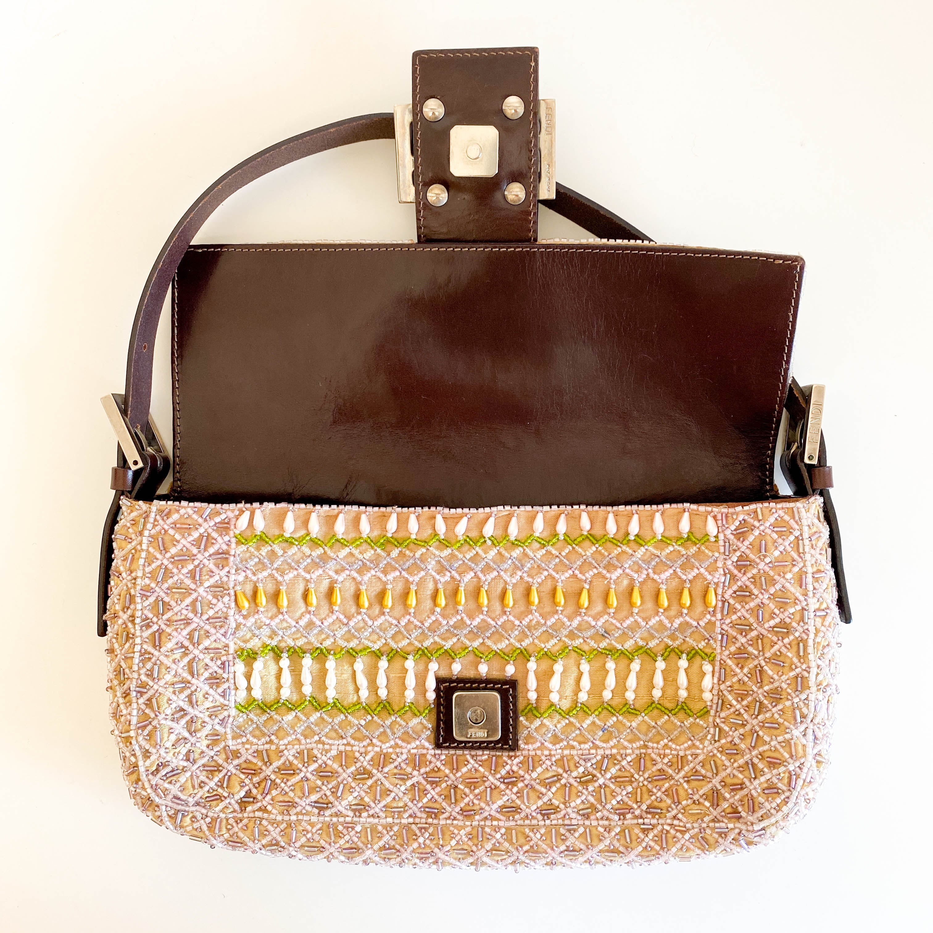 Baguette Pink Beaded Yellow / Green Shoulder Bag
