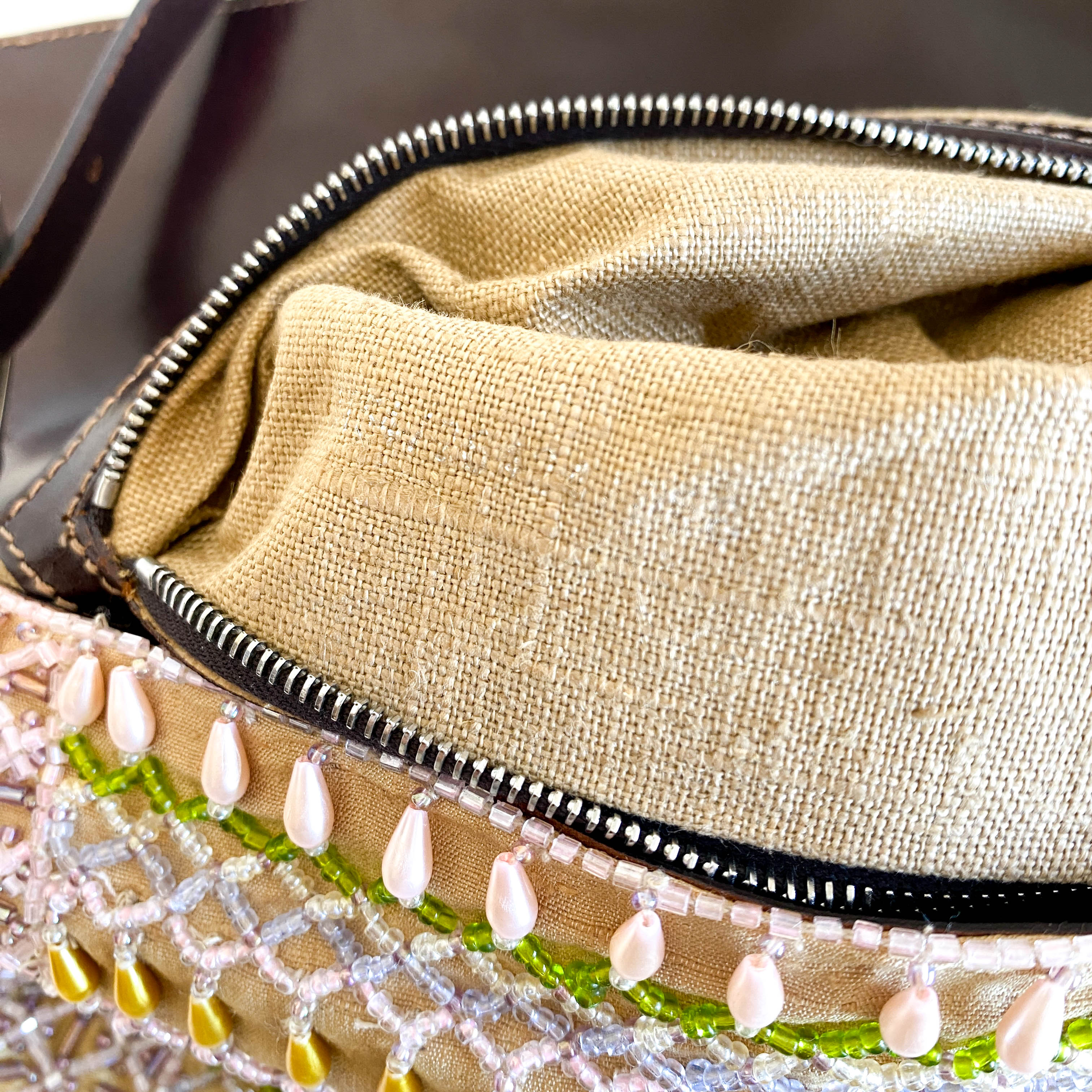 Baguette Pink Beaded Yellow / Green Shoulder Bag