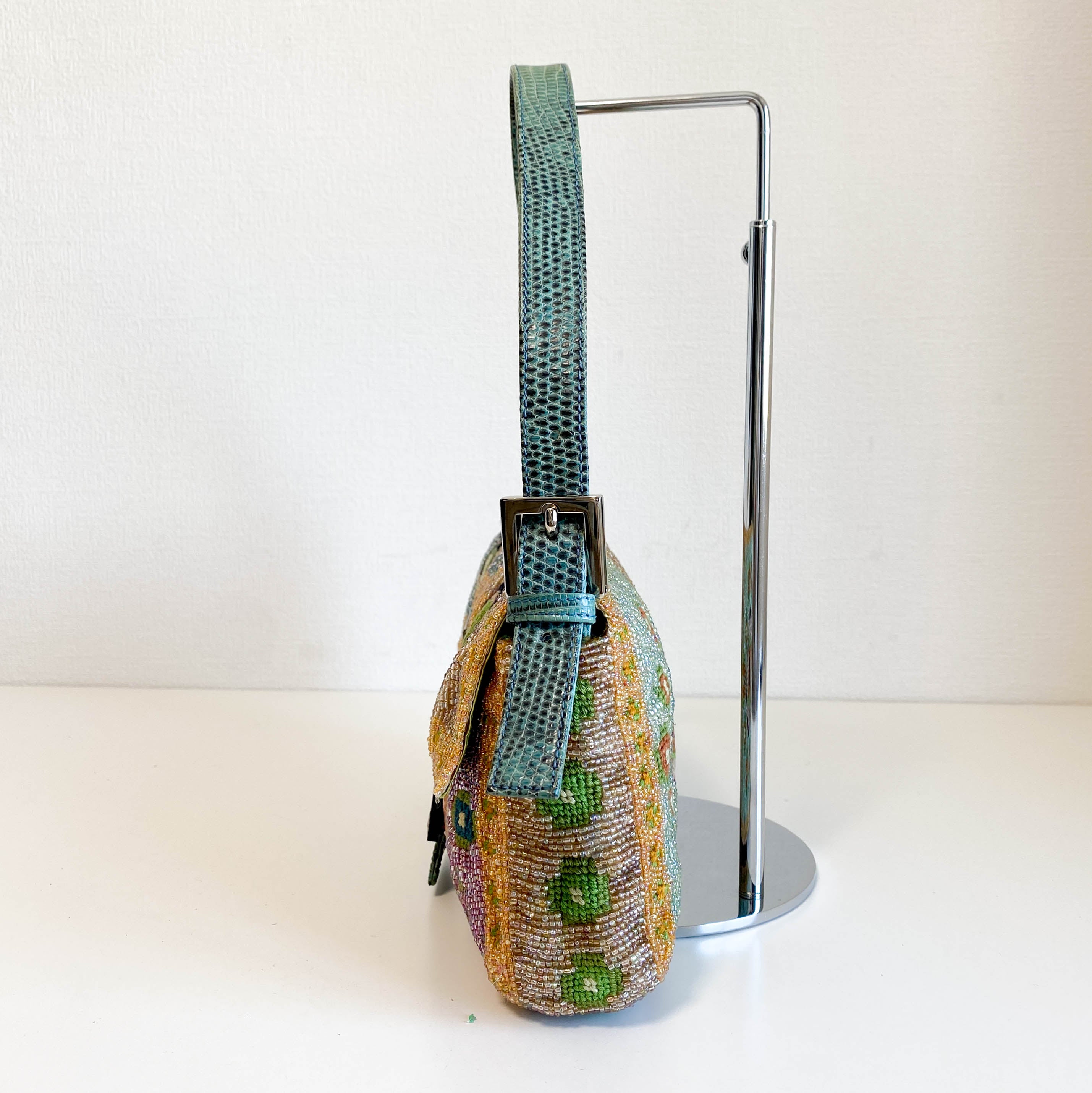 Baguette Rare Collector's Piece Fully Beaded / Embroidered Multicolour Shoulder Bag Lizard Buckle