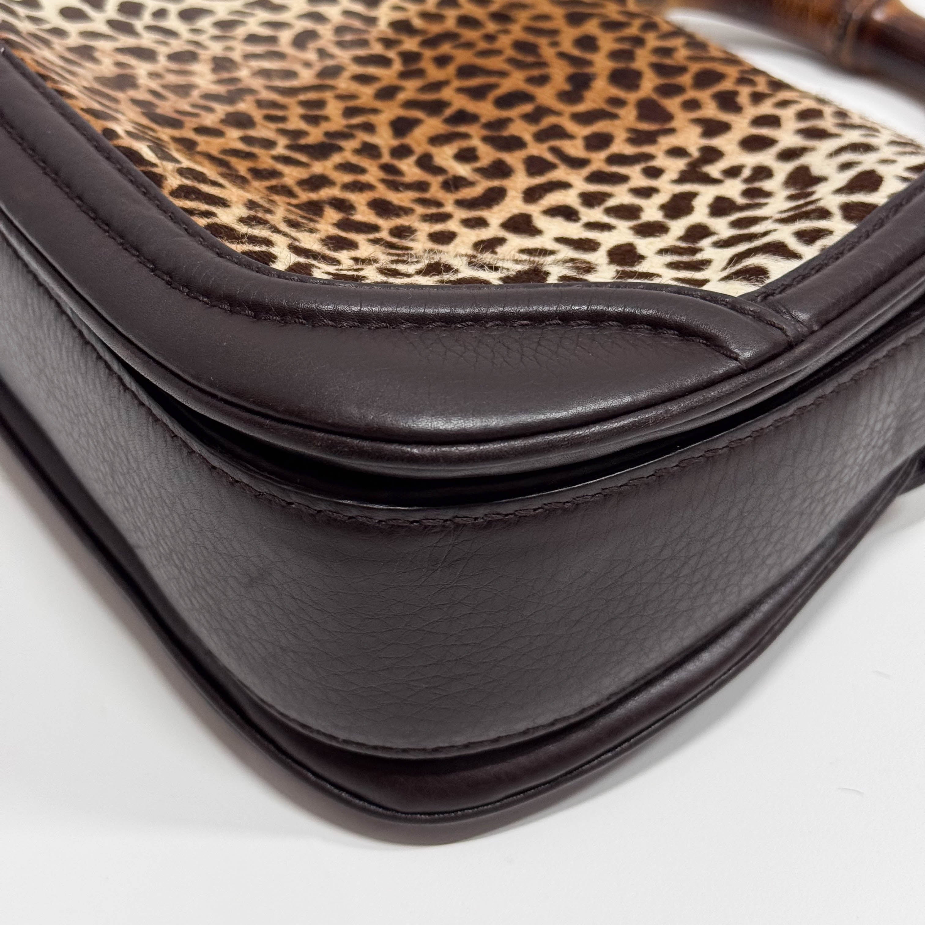 Brown Leather & Cheetah Print Pony Hair Two Way Bag