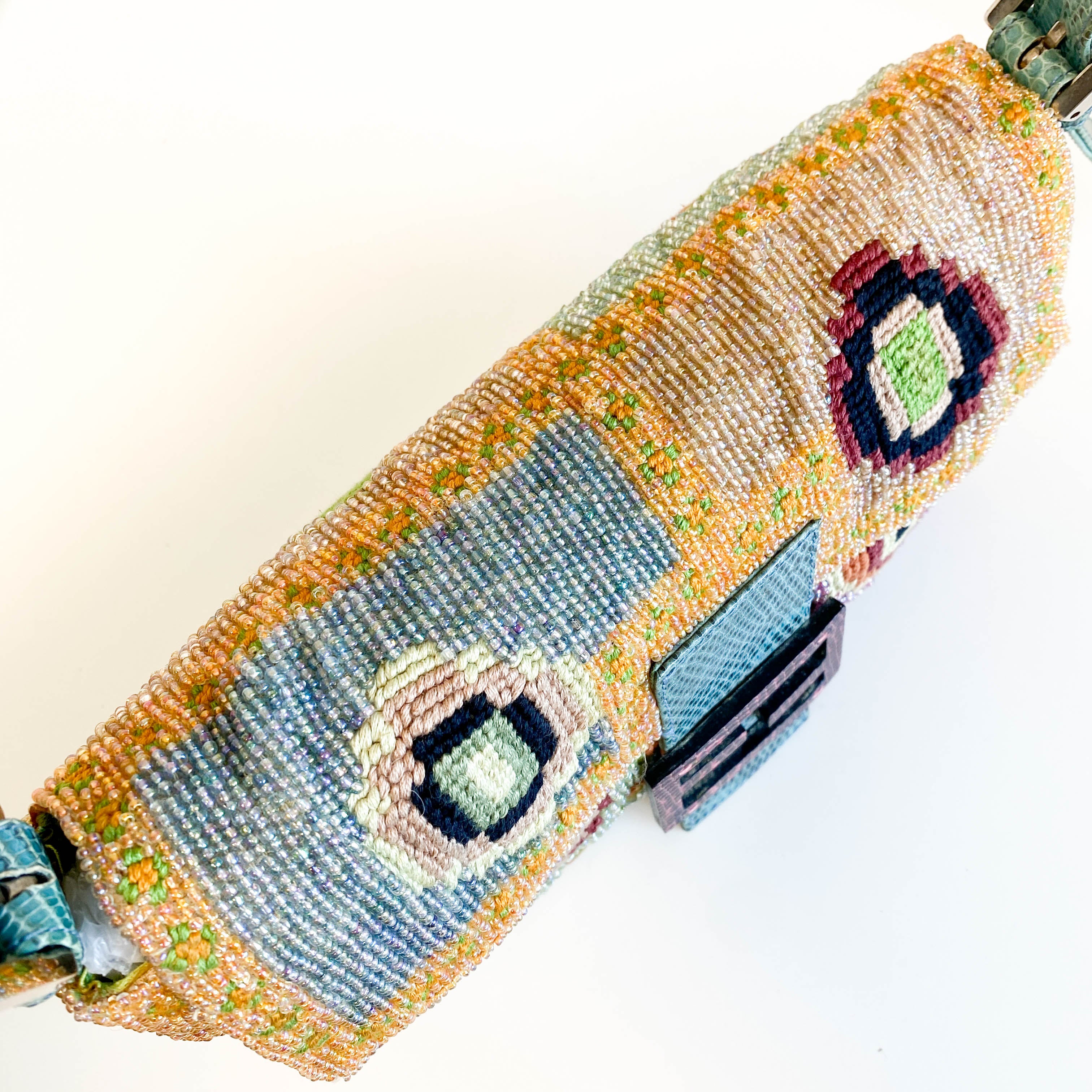 Baguette Rare Collector's Piece Fully Beaded / Embroidered Multicolour Shoulder Bag Lizard Buckle