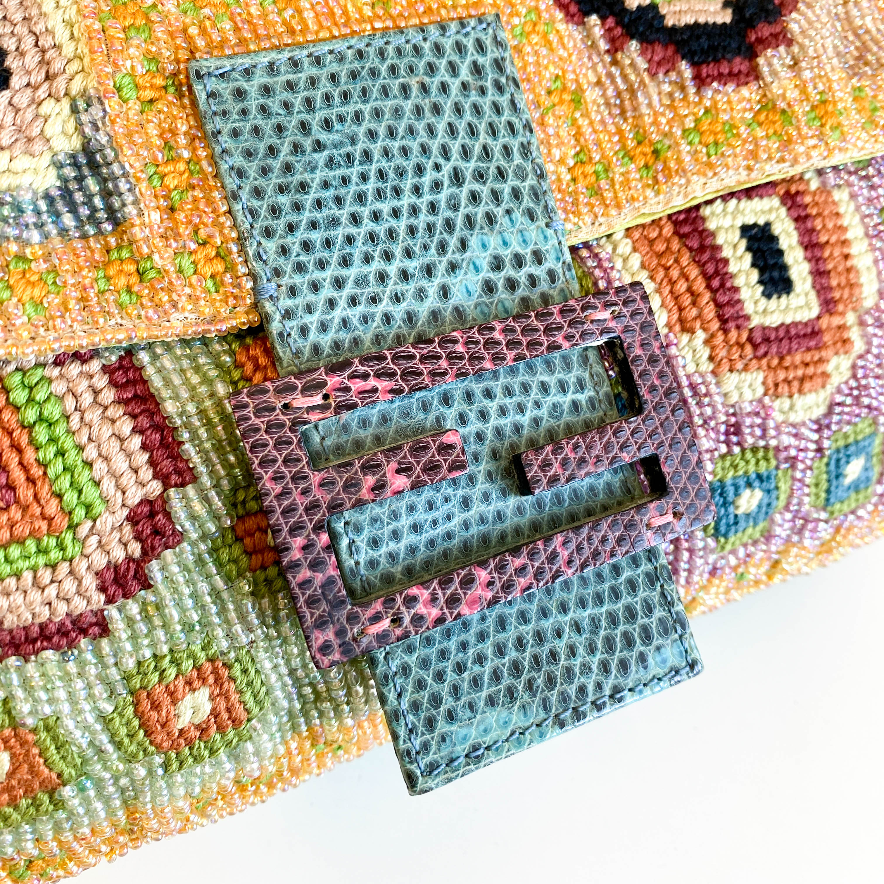 Baguette Rare Collector's Piece Fully Beaded / Embroidered Multicolour Shoulder Bag Lizard Buckle