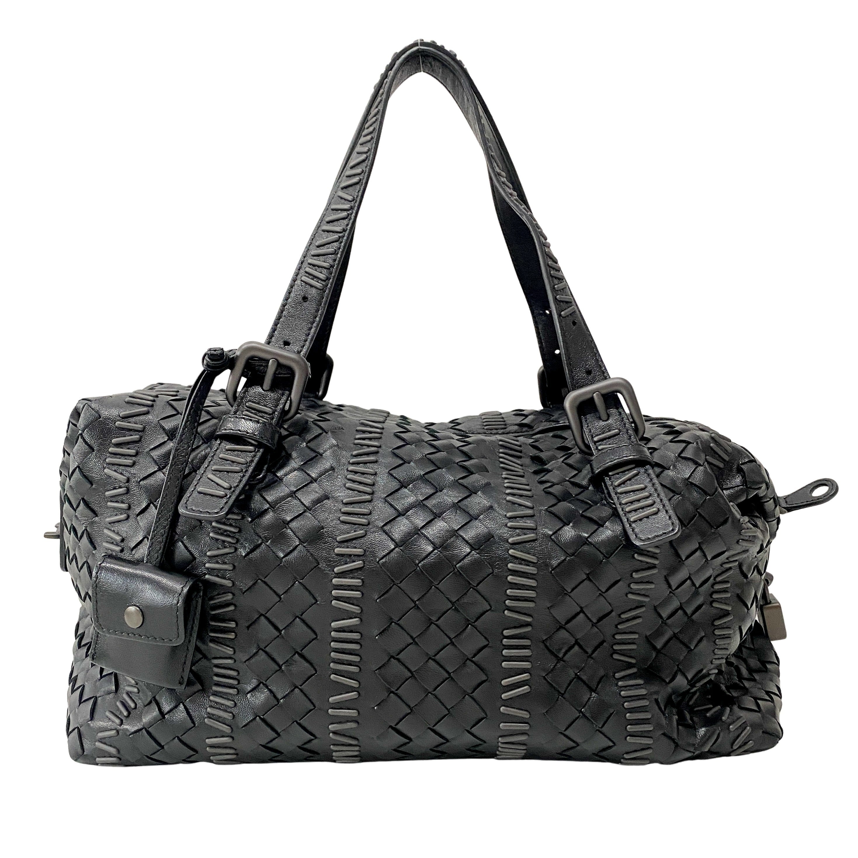 Intrecciato Black Leather Shoulder Bag