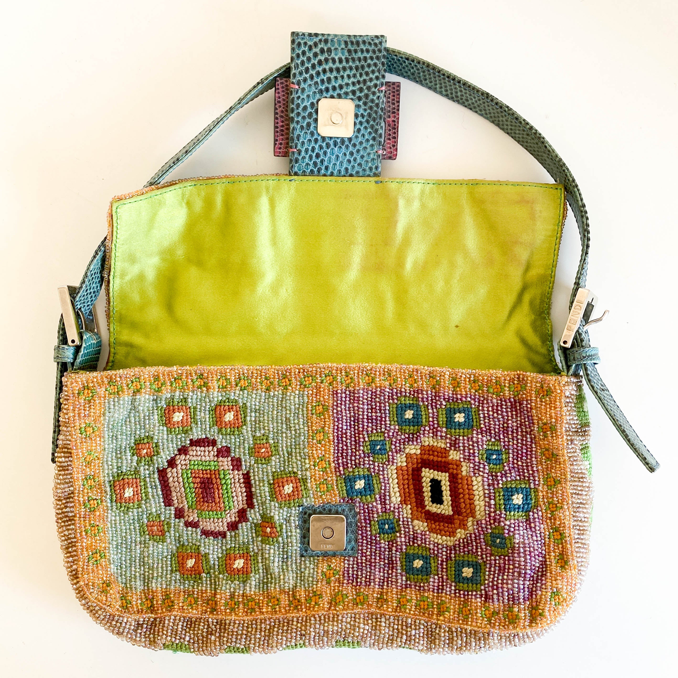 Baguette Rare Collector's Piece Fully Beaded / Embroidered Multicolour Shoulder Bag Lizard Buckle