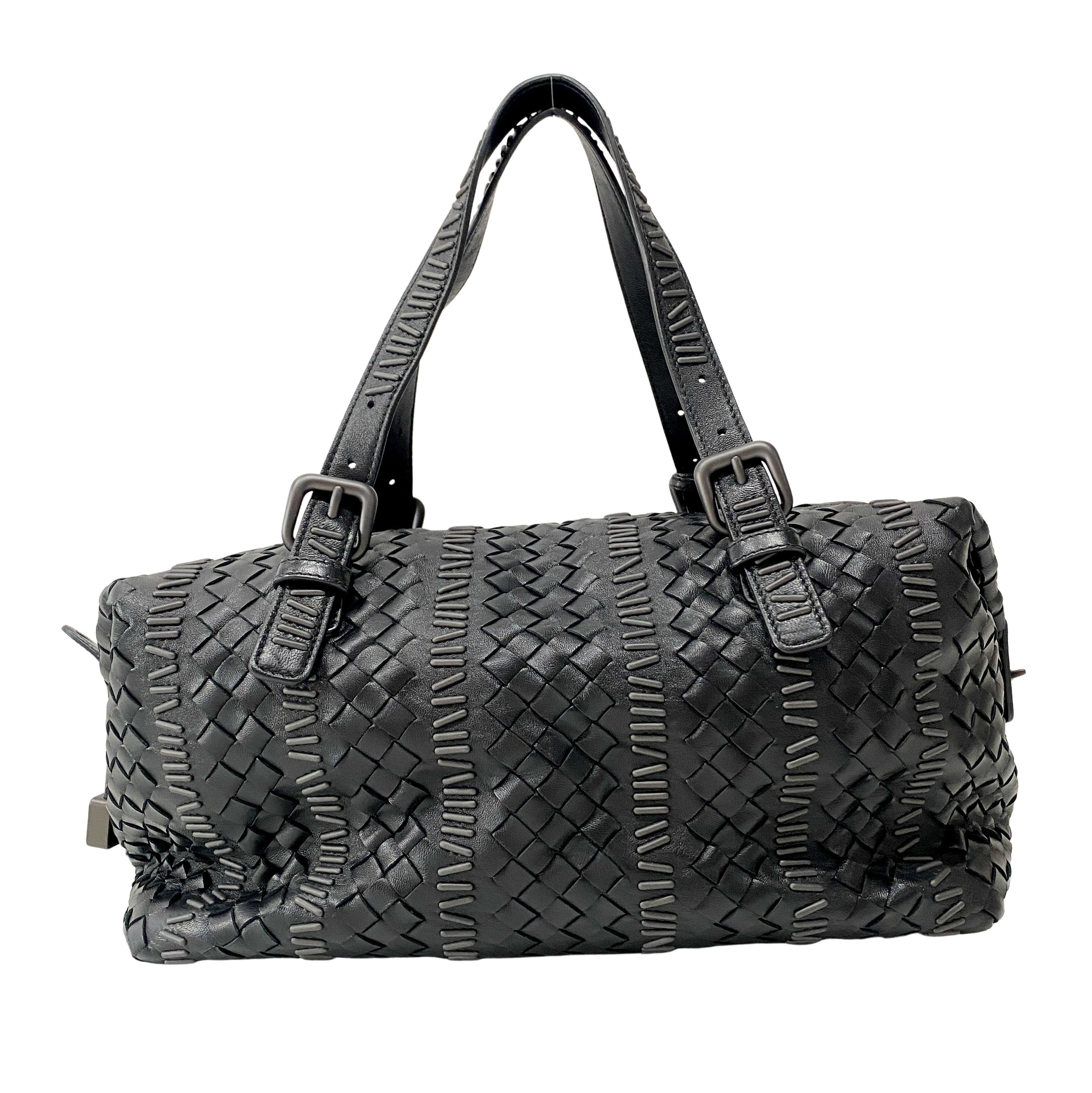 Intrecciato Black Leather Shoulder Bag