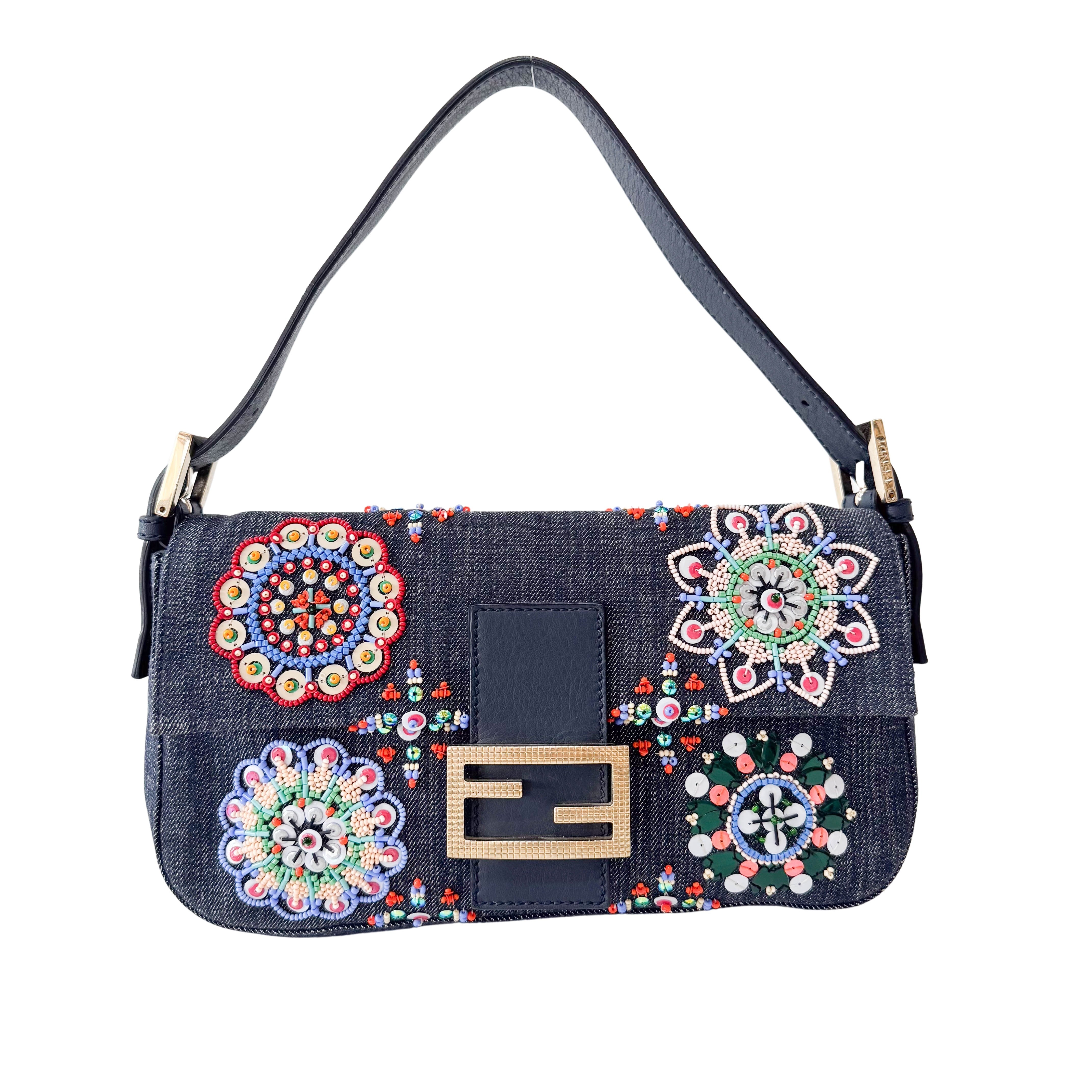 Baguette Blue Embroidered Denim Bag