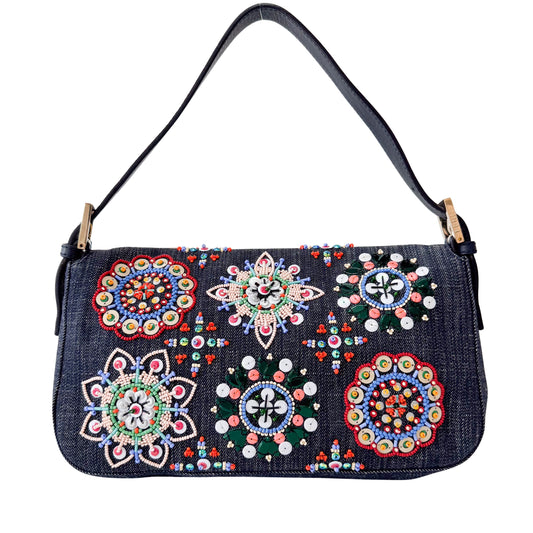 Baguette Blue Embroidered Denim Bag