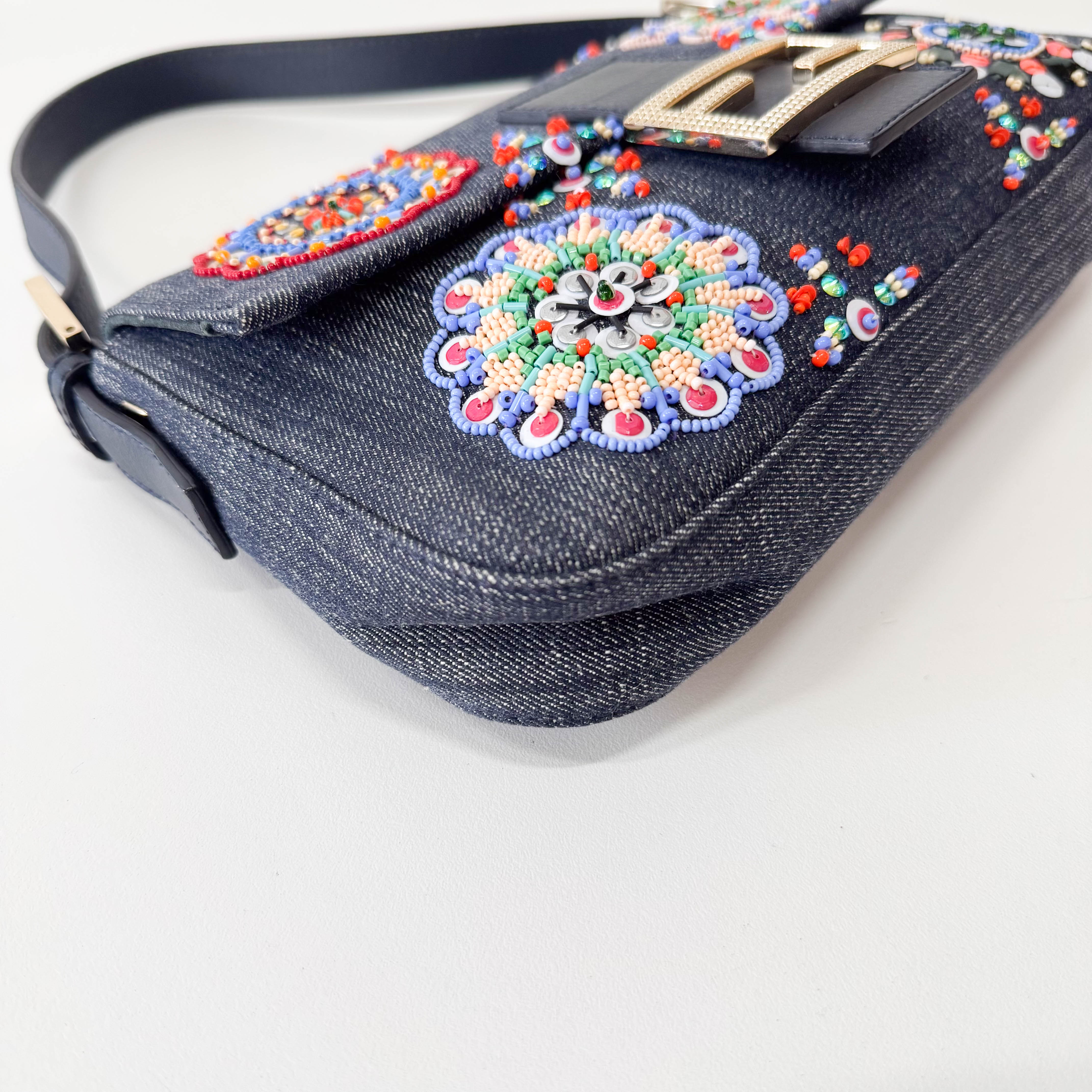 Baguette Blue Embroidered Denim Bag