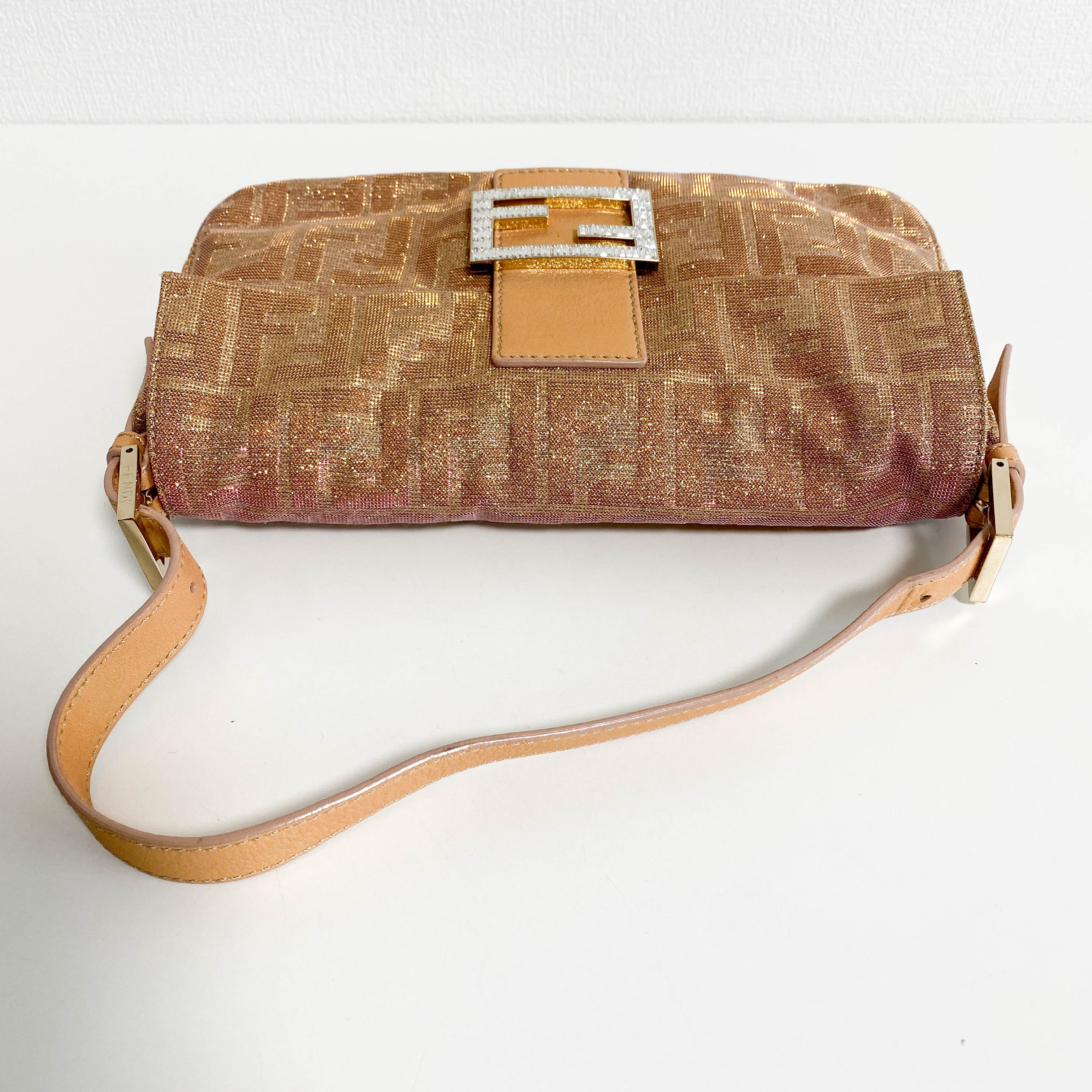 Baguette Sparkle Pink Canvas Shoulder Bag with Rhinestone Hardware