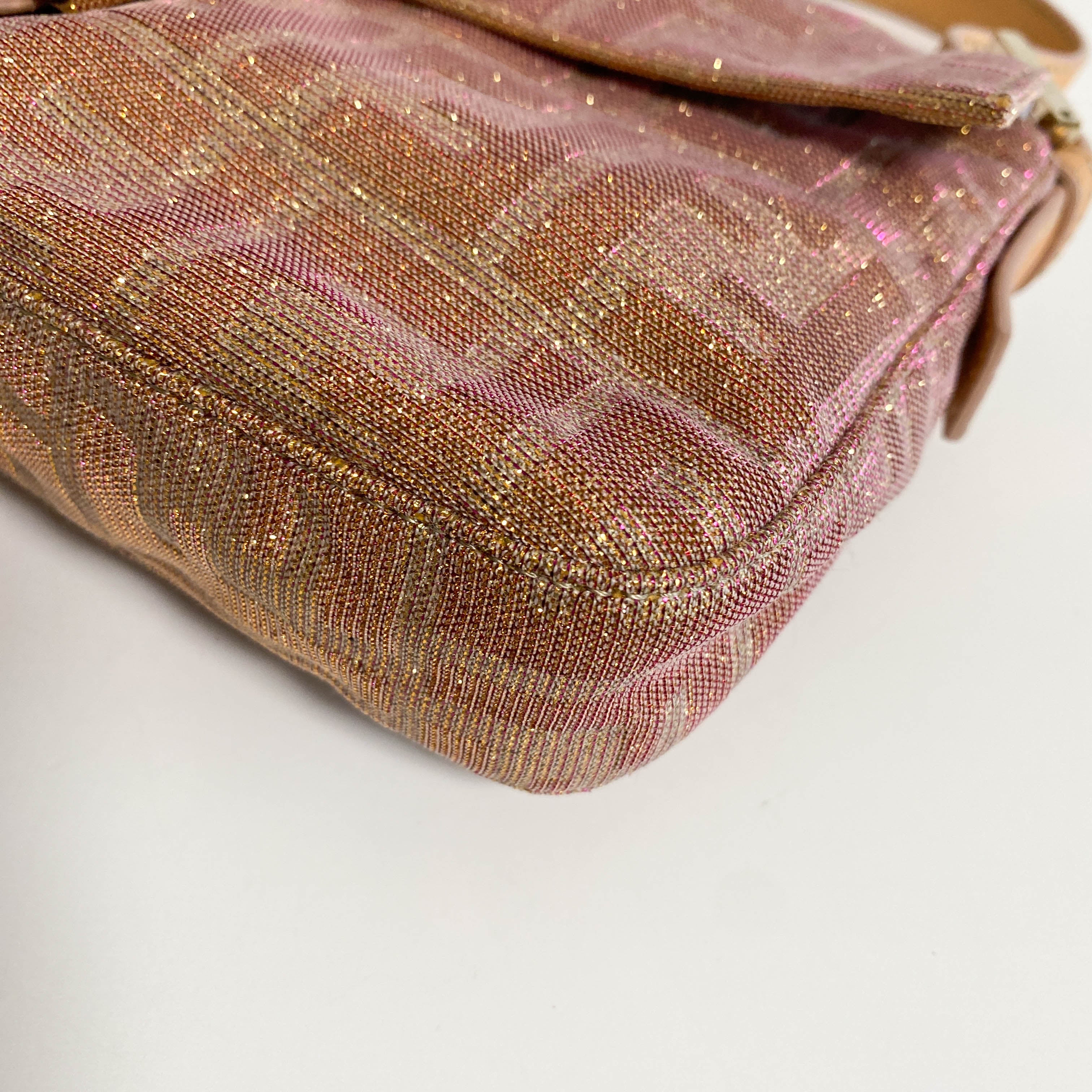 Baguette Sparkle Pink Canvas Shoulder Bag with Rhinestone Hardware