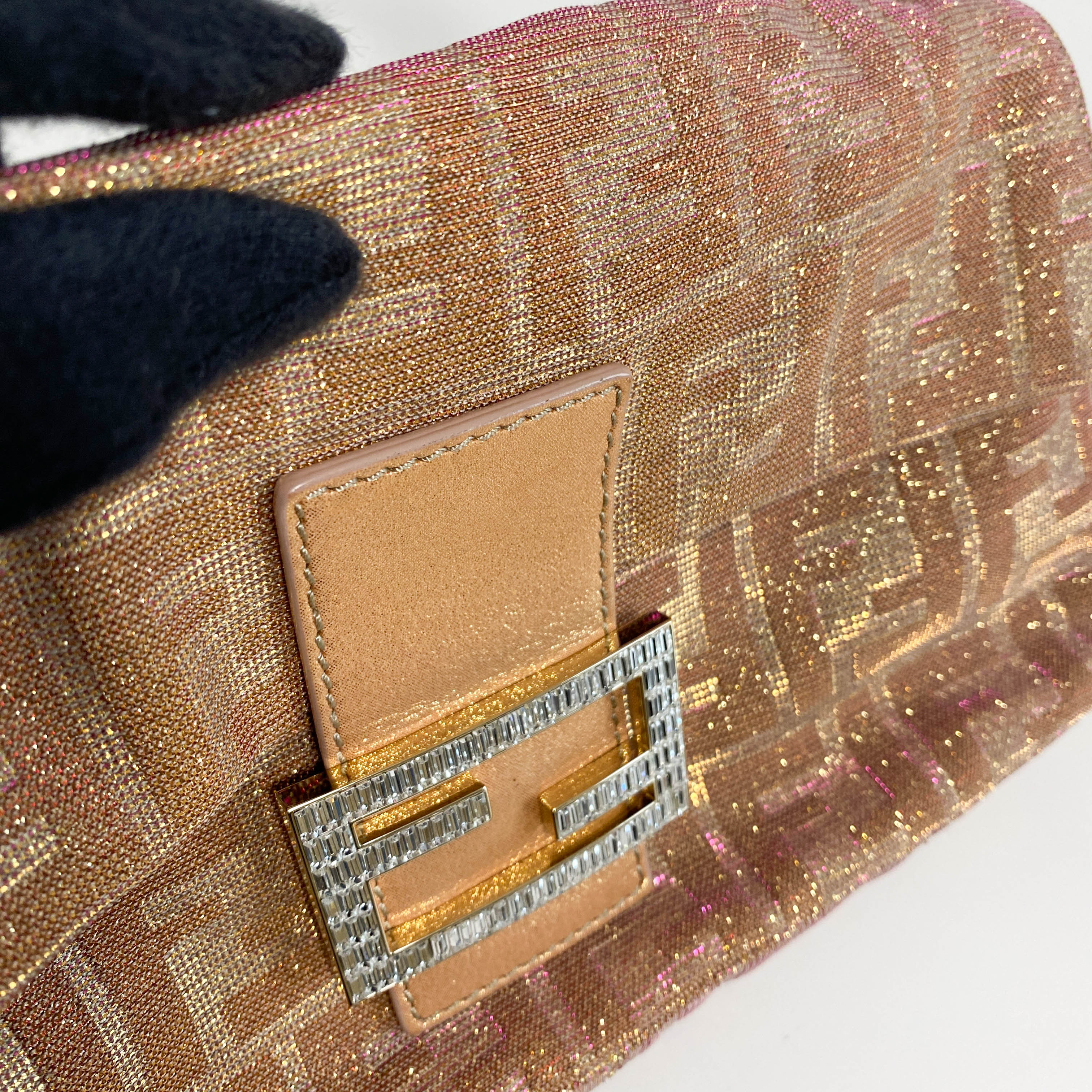 Baguette Sparkle Pink Canvas Shoulder Bag with Rhinestone Hardware