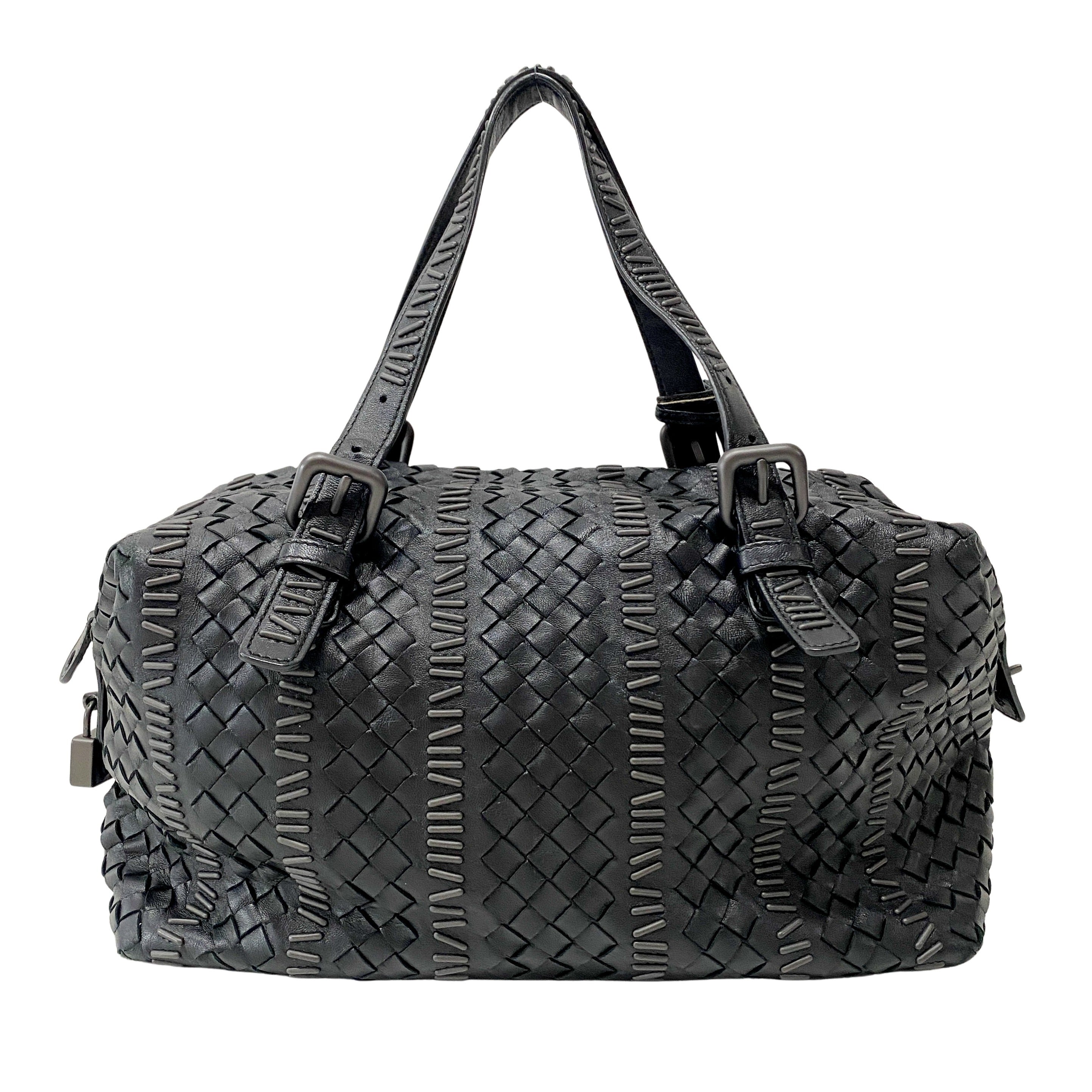 Intrecciato Black Leather Shoulder Bag