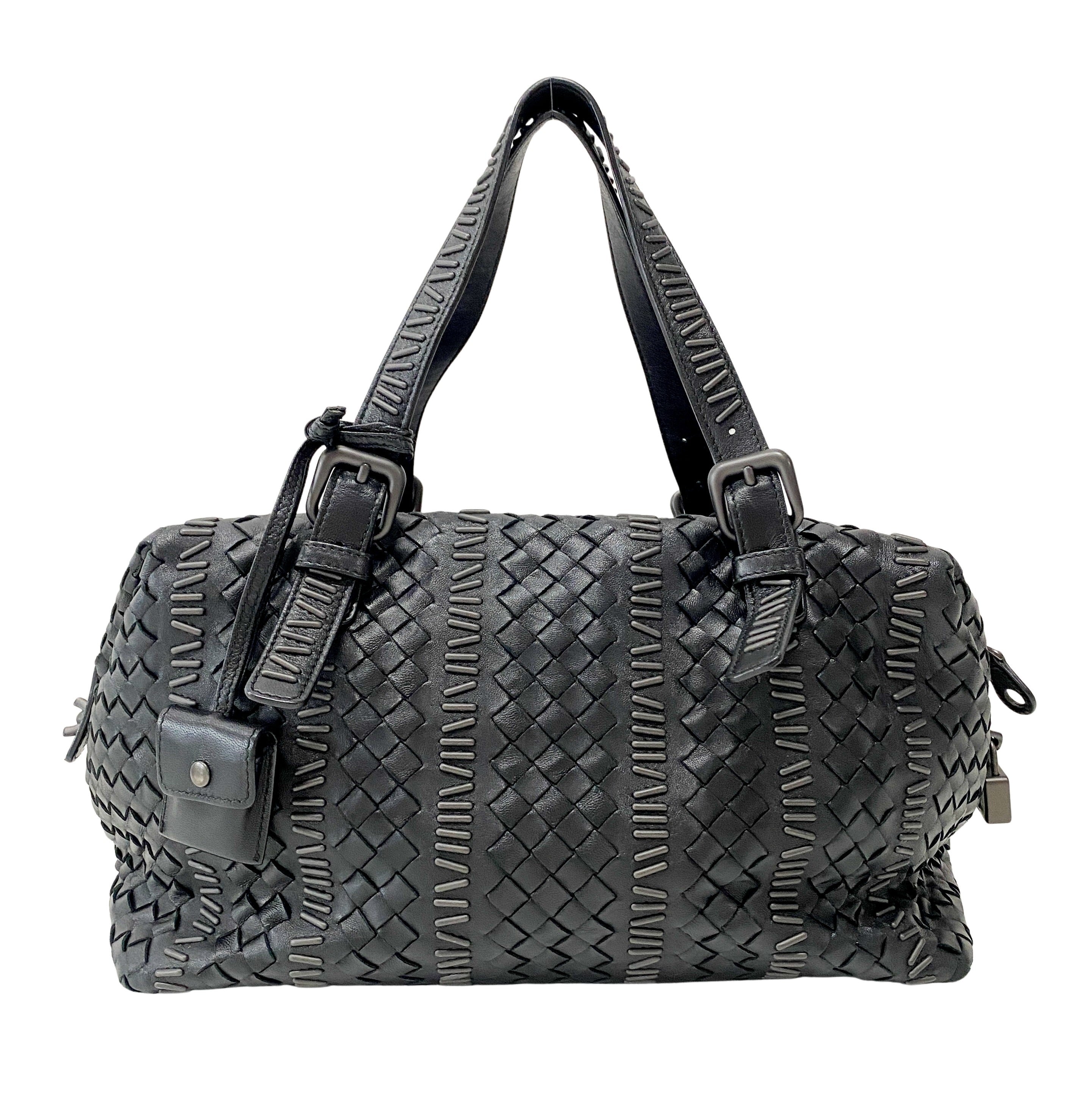 Intrecciato Black Leather Shoulder Bag