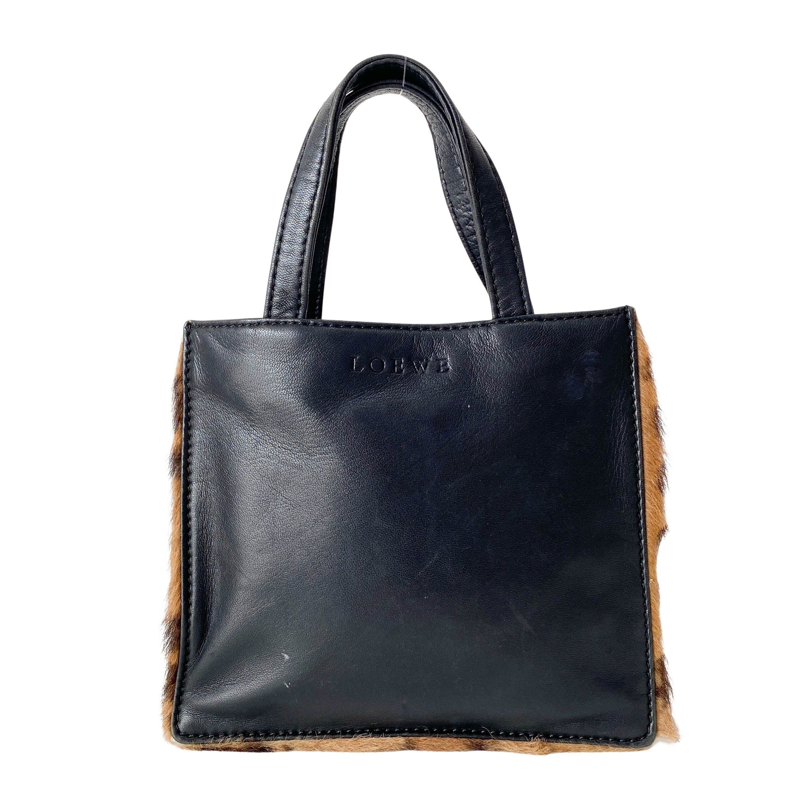 Leopard Print Pony Hair / Black Leather Mini Tote Handbag