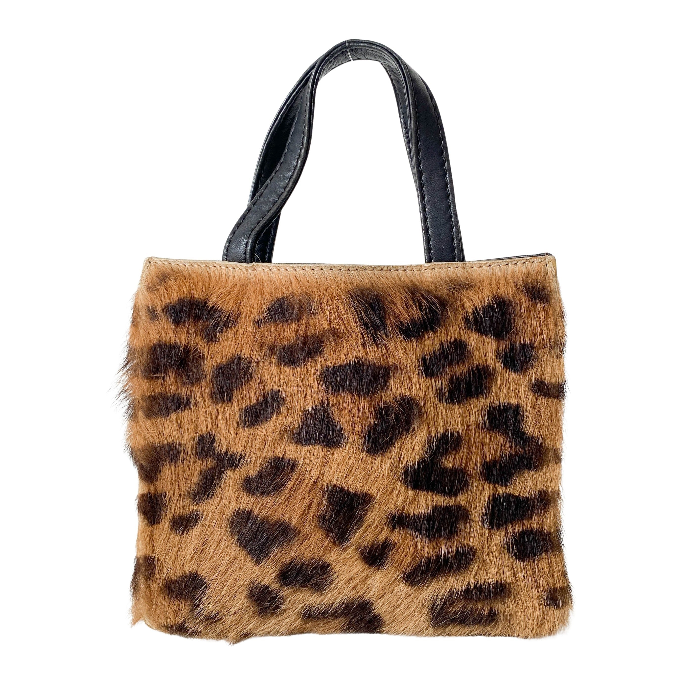 Leopard Print Pony Hair / Black Leather Mini Tote Handbag